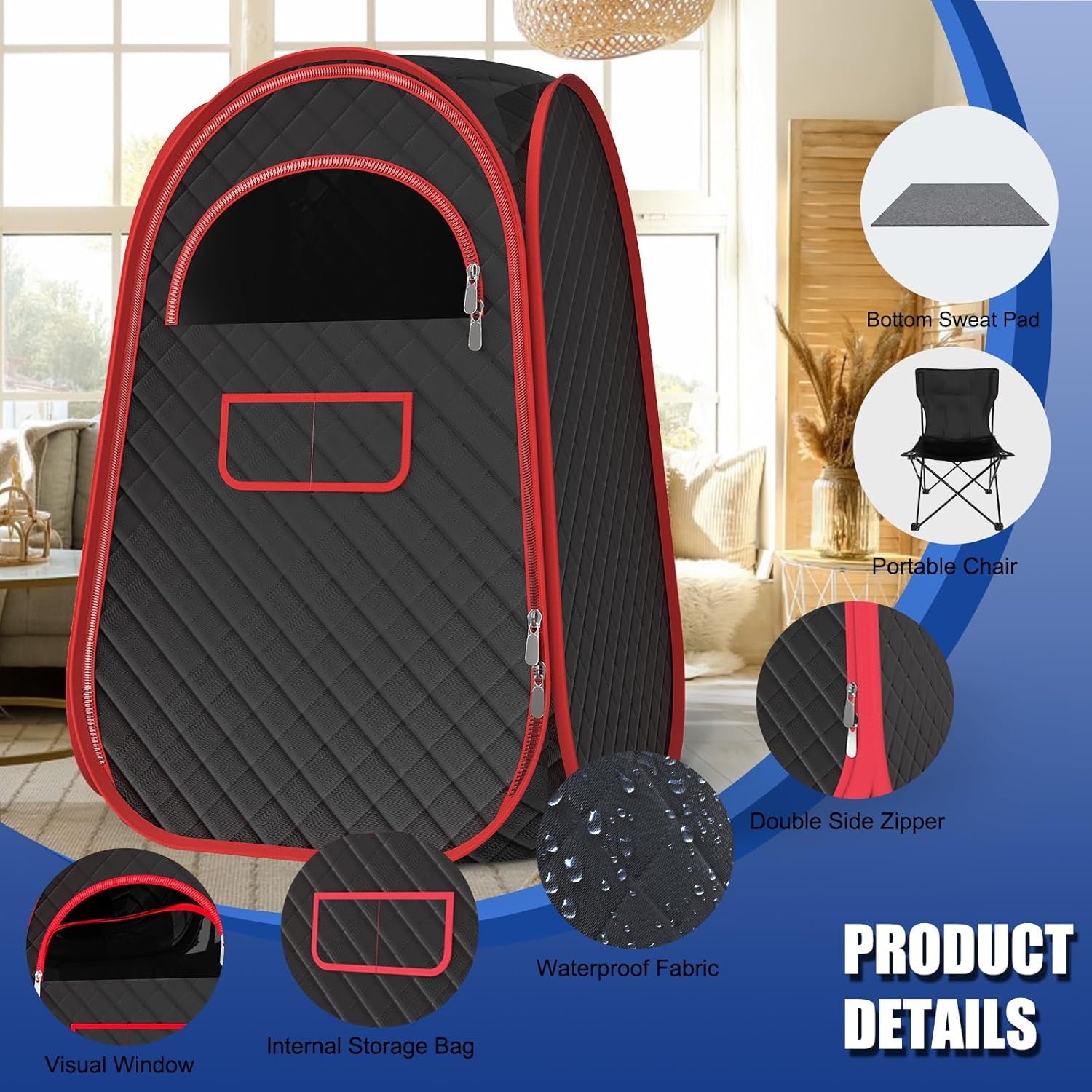 Portable Sauna Box - Portable Steam Sauna for Home with 2.6L 1200W Steamer, 99 Minute Timer, 9 Levels Temperature Settings, Remote Control and Folding Chair for Sauna Box, Red 3 Portable Sauna Box - Portable Steam Sauna for Home with 2.6L 1200W Steamer, 99 Minute Timer, 9 Levels Temperature Settings, Remote Control and Folding Chair for Sauna Box, Red - Image 3