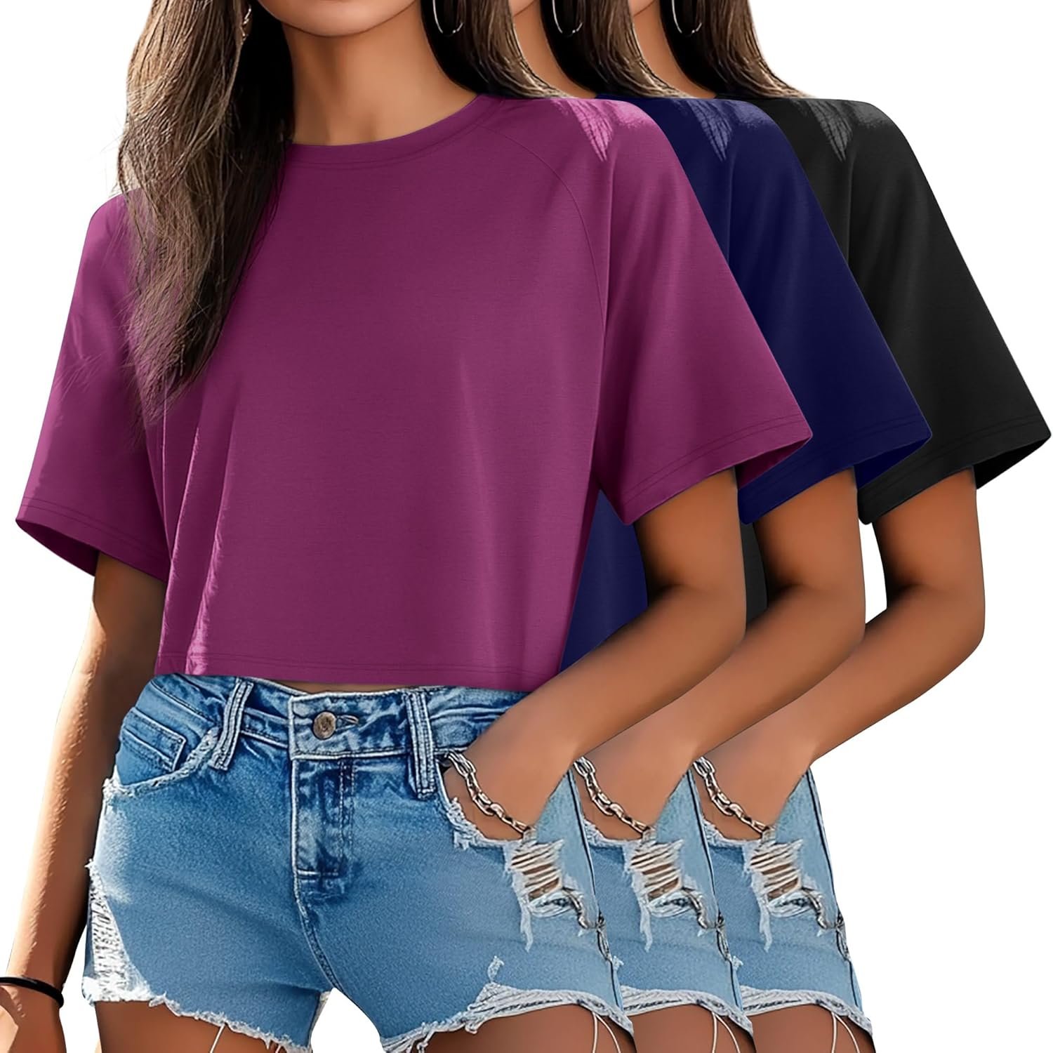 Huukeay 3 Pack Women's Crop Tops Half Sleeve Cropped T Shirts Casual Raglan Sleeve Crew Neck Cotton Summer Basic Tees