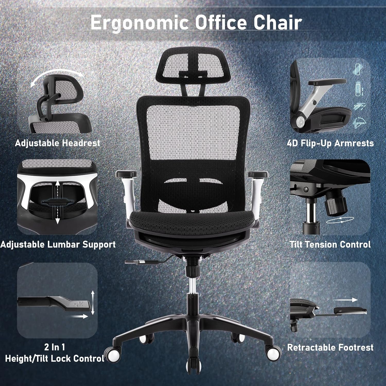 COLAMY Ergonomic Mesh Office Chair with Footrest, High Back Computer Executive Desk Chair with Headrest and 4D Flip-up Armrests, Adjustable Tilt Lock and Lumbar Support-Black 10 COLAMY Ergonomic Mesh Office Chair with Footrest, High Back Computer Executive Desk Chair with Headrest and 4D Flip-up Armrests, Adjustable Tilt Lock and Lumbar Support-Black - Image 10