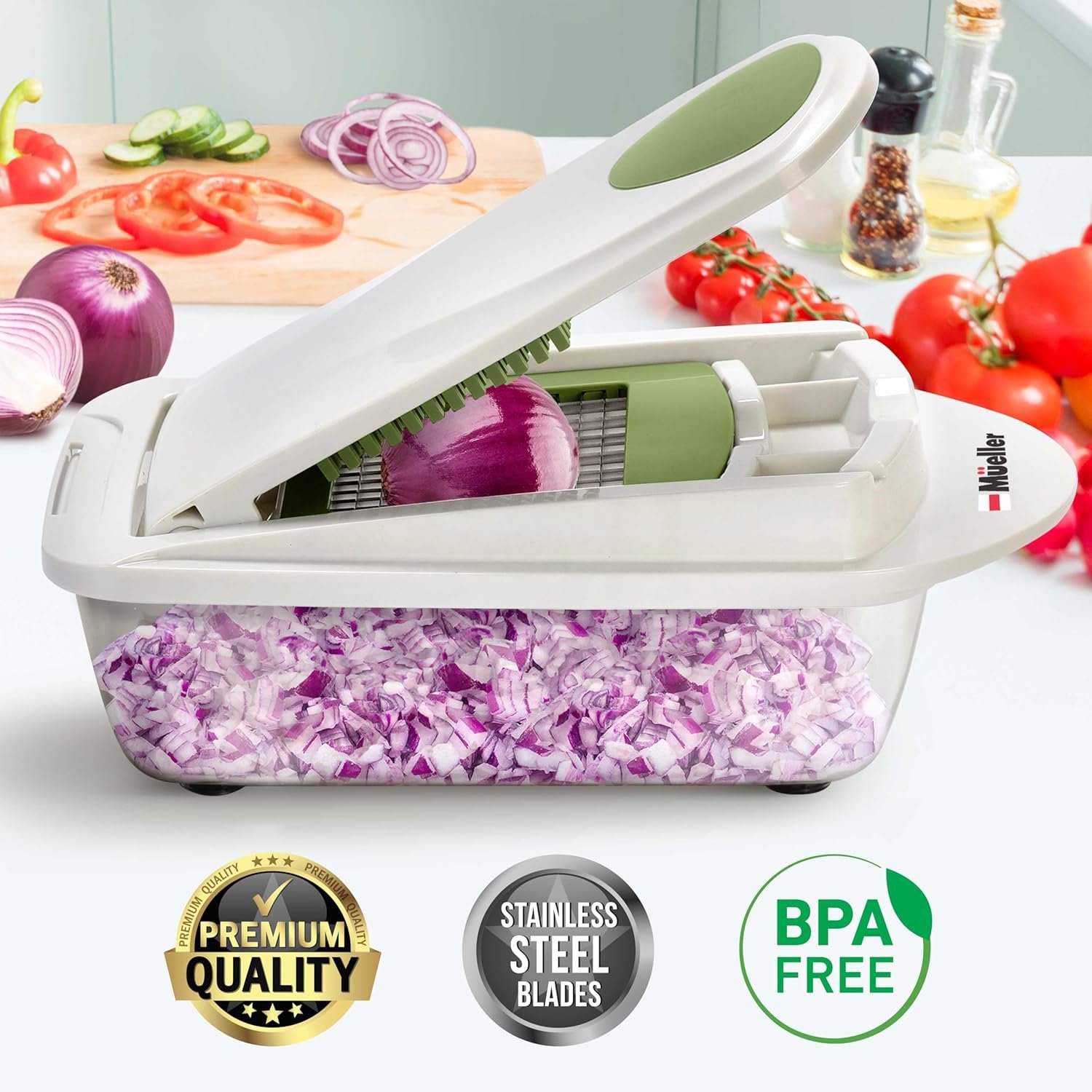 Mueller Pro-Series 10-in-1, 8 Blade Vegetable Chopper, Onion Mincer, Cutter, Dicer, Egg Slicer with Container, French Fry Cutter Potato Slicer, Home Essentials, Salad Chopper White Sand/Green 2 Mueller Pro-Series 10-in-1, 8 Blade Vegetable Chopper, Onion Mincer, Cutter, Dicer, Egg Slicer with Container, French Fry Cutter Potato Slicer, Home Essentials, Salad Chopper White Sand/Green - Image 2