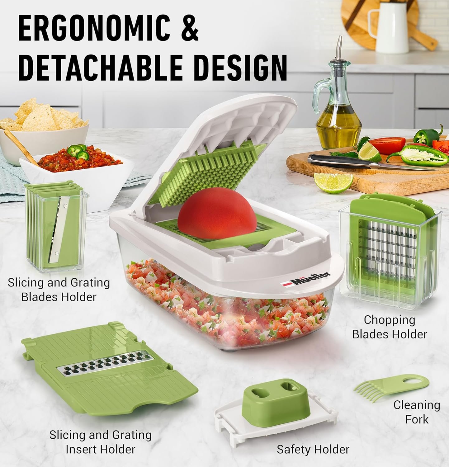 Mueller Pro-Series 10-in-1, 8 Blade Vegetable Chopper, Onion Mincer, Cutter, Dicer, Egg Slicer with Container, French Fry Cutter Potato Slicer, Home Essentials, Salad Chopper White Sand/Green 8 Mueller Pro-Series 10-in-1, 8 Blade Vegetable Chopper, Onion Mincer, Cutter, Dicer, Egg Slicer with Container, French Fry Cutter Potato Slicer, Home Essentials, Salad Chopper White Sand/Green - Image 8