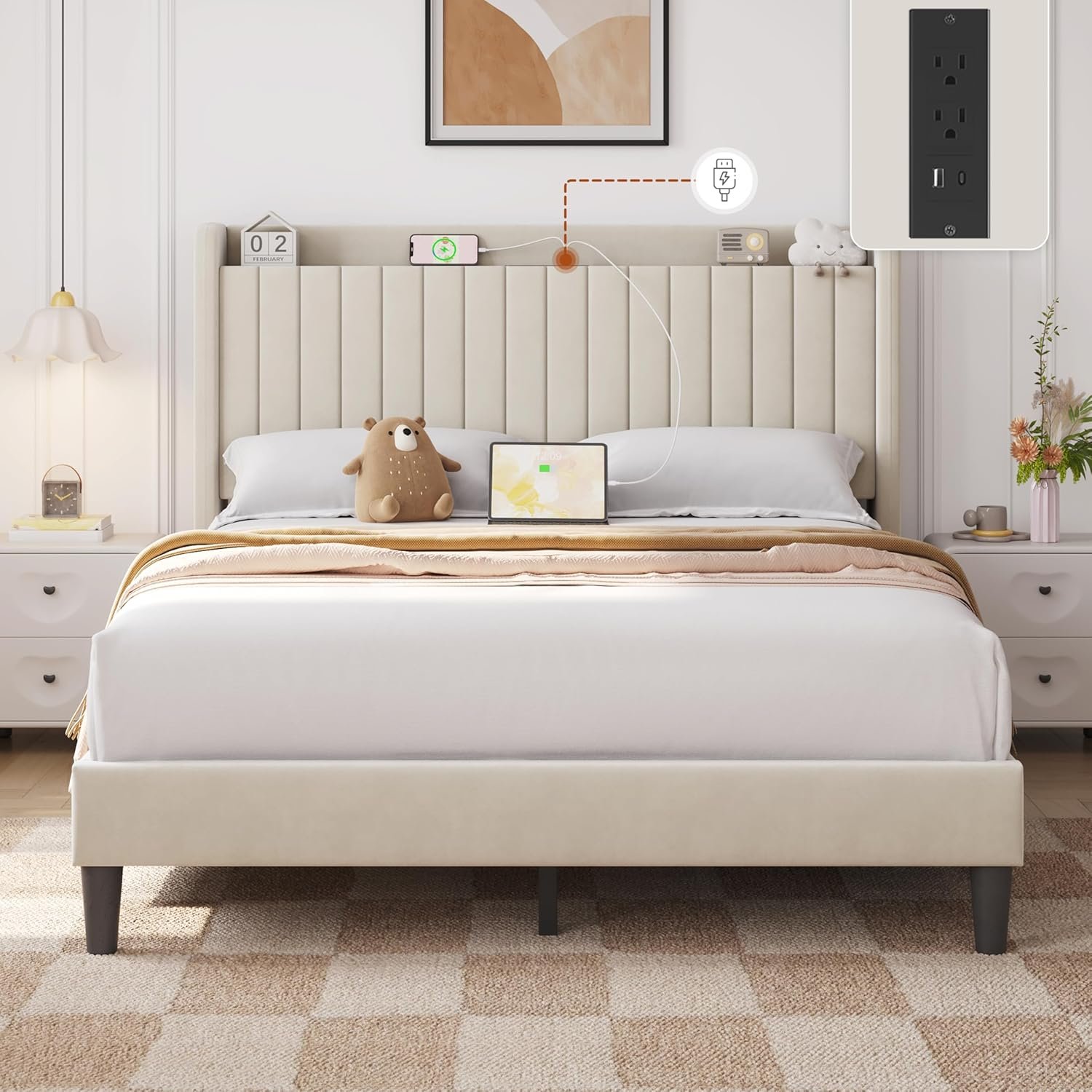 Yaheetech Queen Bed Frame with Headboard, Upholstered Headboard with Charing Station and Storage Shelf, Platform Bed Frame, No Box Spring Needed, Easy Assembly, Beige 3 Yaheetech Queen Bed Frame with Headboard, Upholstered Headboard with Charing Station and Storage Shelf, Platform Bed Frame, No Box Spring Needed, Easy Assembly, Beige - Image 3