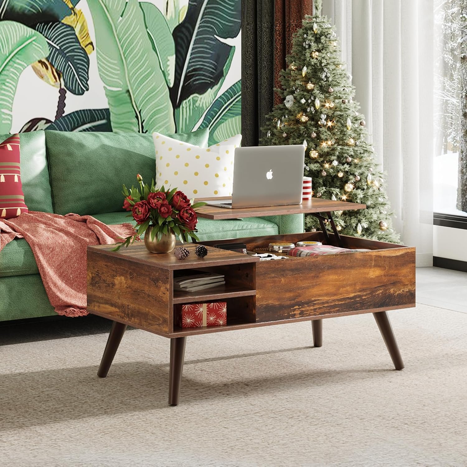 WLIVE Wood Lift Top Coffee Table with Hidden Compartment and Adjustable Storage Shelf, Lift Tabletop Dining Table for Home Living Room, Office, Rustic Oak 9 WLIVE Wood Lift Top Coffee Table with Hidden Compartment and Adjustable Storage Shelf, Lift Tabletop Dining Table for Home Living Room, Office, Rustic Oak - Image 9