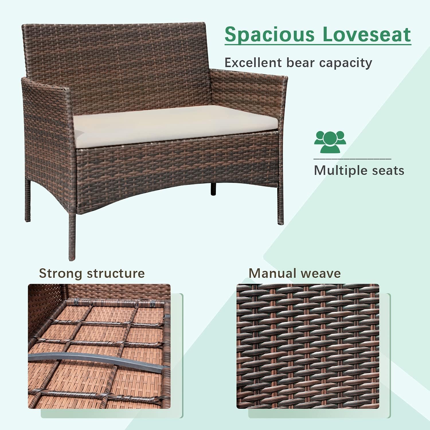Greesum Patio Furniture 4 Pieces Conversation Sets Outdoor Wicker Rattan Chairs Garden Backyard Balcony Porch Poolside loveseat with Soft Cushion and Glass Table, Brown and Beige 6 Greesum Patio Furniture 4 Pieces Conversation Sets Outdoor Wicker Rattan Chairs Garden Backyard Balcony Porch Poolside loveseat with Soft Cushion and Glass Table, Brown and Beige - Image 6