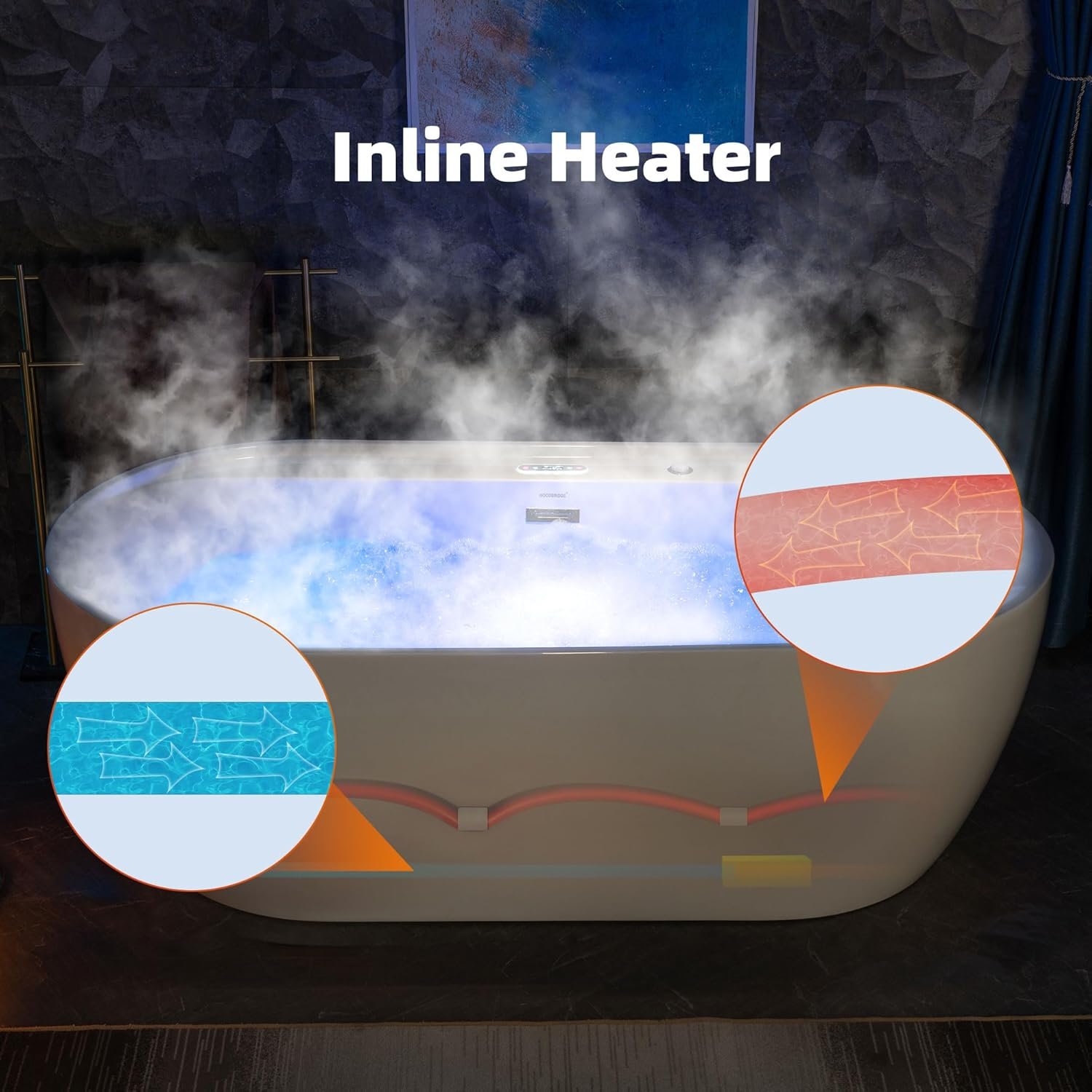 WOODBRIDGE 72" x 35-3/8" Whirlpool and Air Bath Heated Soaking Combination Tub with Adjustable Speed Air Blower and Display Control Panel, White,BJ-500 12 WOODBRIDGE 72" x 35-3/8" Whirlpool and Air Bath Heated Soaking Combination Tub with Adjustable Speed Air Blower and Display Control Panel, White,BJ-500 - Image 12