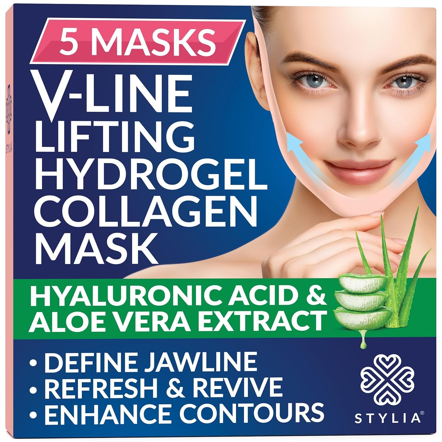 Stylia V-Line Lifting Collagen Face Mask with Hyaluronic Acid & Aloe Vera - Spa Quality Double Chin Strap - Jawline Shaper Collagen Mask - Face Masks Skincare - Chin Strap for Sleeping - 5PC