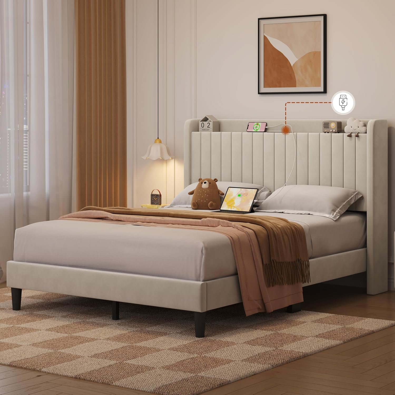 Yaheetech Queen Bed Frame with Headboard, Upholstered Headboard with Charing Station and Storage Shelf, Platform Bed Frame, No Box Spring Needed, Easy Assembly, Beige 9 Yaheetech Queen Bed Frame with Headboard, Upholstered Headboard with Charing Station and Storage Shelf, Platform Bed Frame, No Box Spring Needed, Easy Assembly, Beige - Image 9
