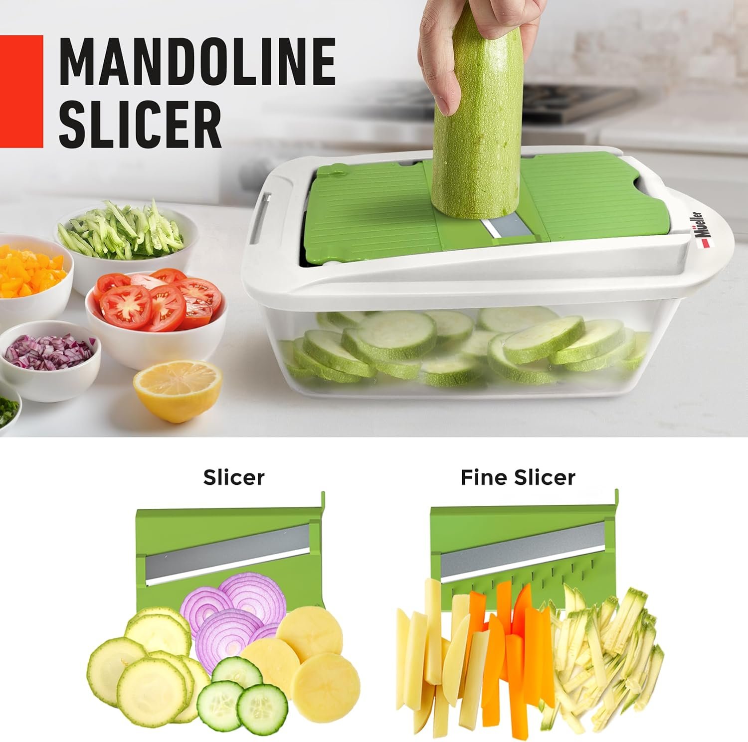 Mueller Pro-Series 10-in-1, 8 Blade Vegetable Chopper, Onion Mincer, Cutter, Dicer, Egg Slicer with Container, French Fry Cutter Potato Slicer, Home Essentials, Salad Chopper White Sand/Green 5 Mueller Pro-Series 10-in-1, 8 Blade Vegetable Chopper, Onion Mincer, Cutter, Dicer, Egg Slicer with Container, French Fry Cutter Potato Slicer, Home Essentials, Salad Chopper White Sand/Green - Image 5