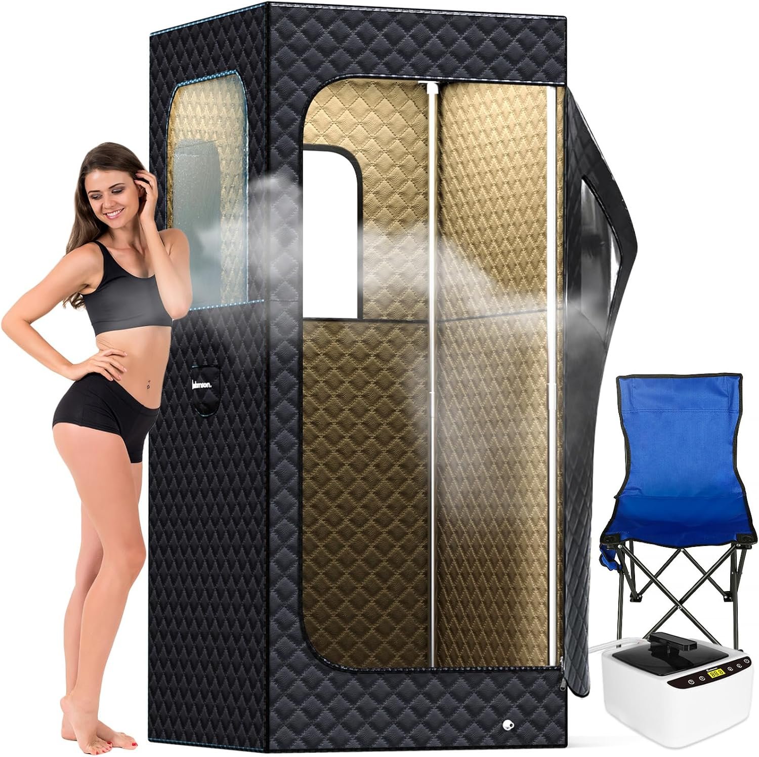 Adamson Full Size Portable Steam Sauna - Indoor Sauna Tent for Home Spa Relaxation + 2.6L 1000W Steamer + Boost Health and Recovery + Chair + Remote + Foot Massager