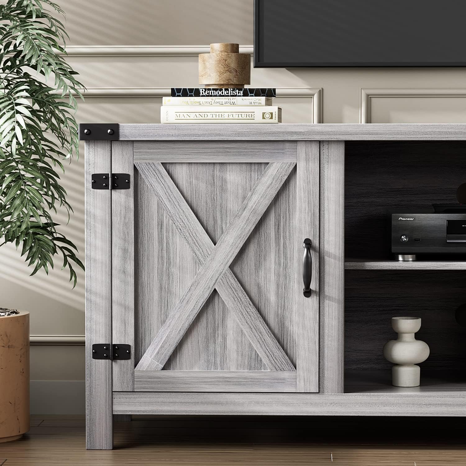 YESHOMY Modern Farmhouse TV Stand with Two Barn Doors and Storage Cabinets for Televisions up to 65+ Inch, Entertainment Center Console Table, Media Furniture for Living Room, 58 Inch, Gray Wash 5 YESHOMY Modern Farmhouse TV Stand with Two Barn Doors and Storage Cabinets for Televisions up to 65+ Inch, Entertainment Center Console Table, Media Furniture for Living Room, 58 Inch, Gray Wash - Image 5