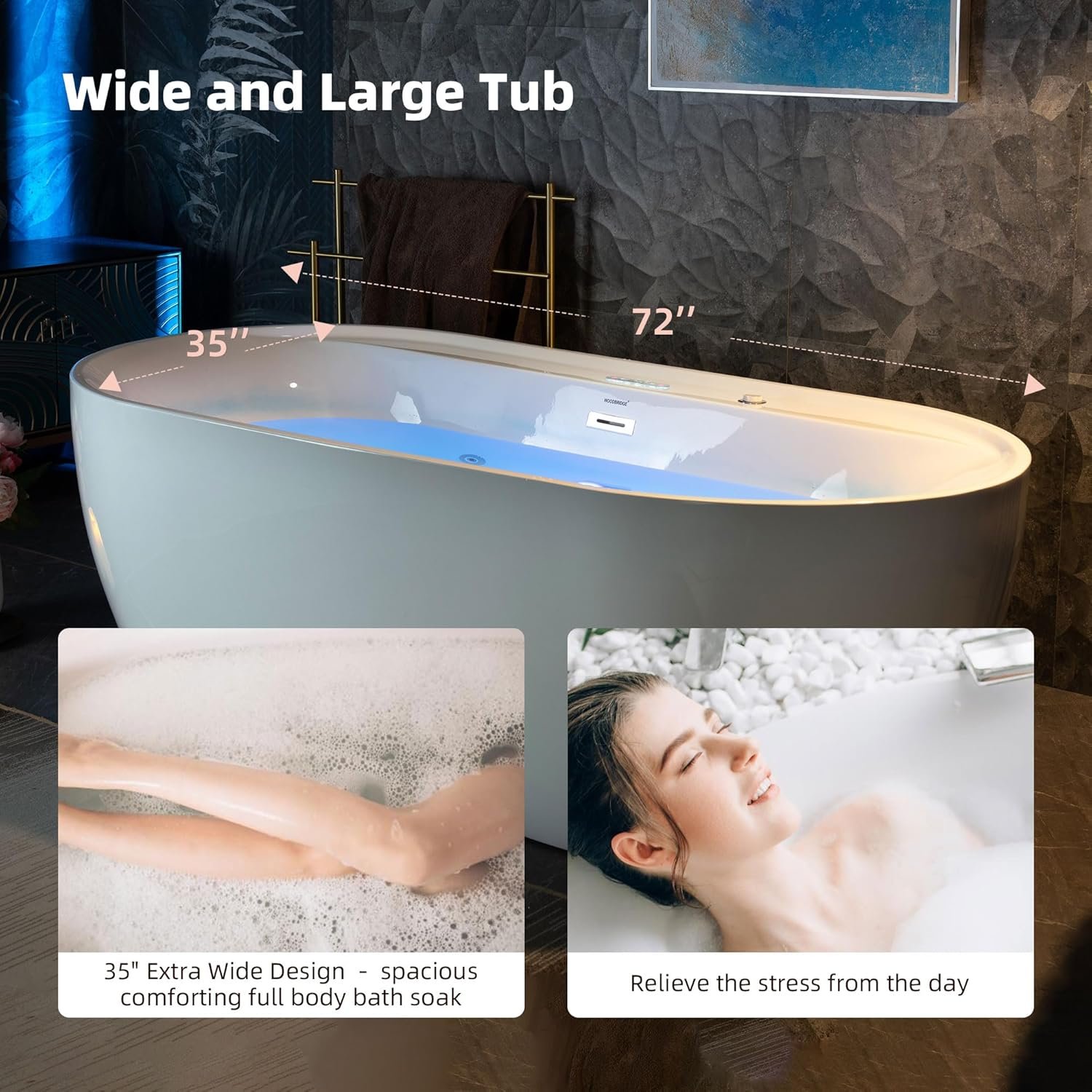 WOODBRIDGE 72" x 35-3/8" Whirlpool and Air Bath Heated Soaking Combination Tub with Adjustable Speed Air Blower and Display Control Panel, White,BJ-500 6 WOODBRIDGE 72" x 35-3/8" Whirlpool and Air Bath Heated Soaking Combination Tub with Adjustable Speed Air Blower and Display Control Panel, White,BJ-500 - Image 6