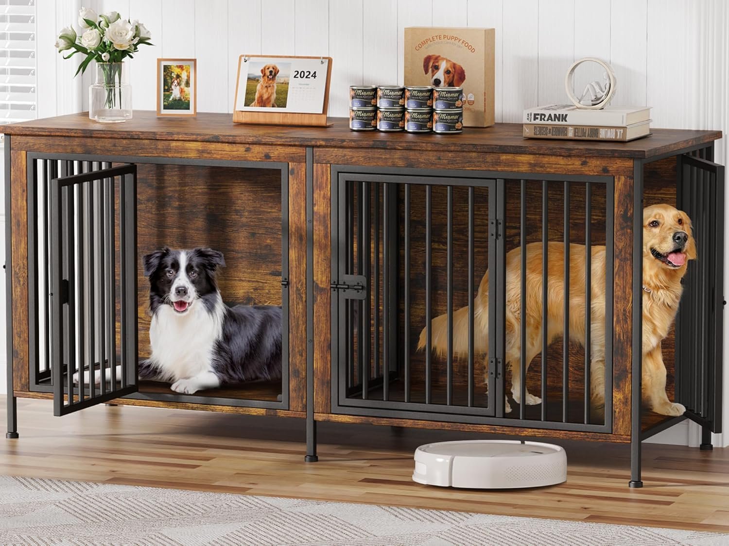 EasyCom 78 Inch Dog Cage Furniture for 2 Dogs, Extra Large Double Dog Crate Furniture Large Breed, XXL Thick Wooden Dog Crate Furniture TV Stand, Sturdy Dog Kennel Furniture Dog Crate with Divider