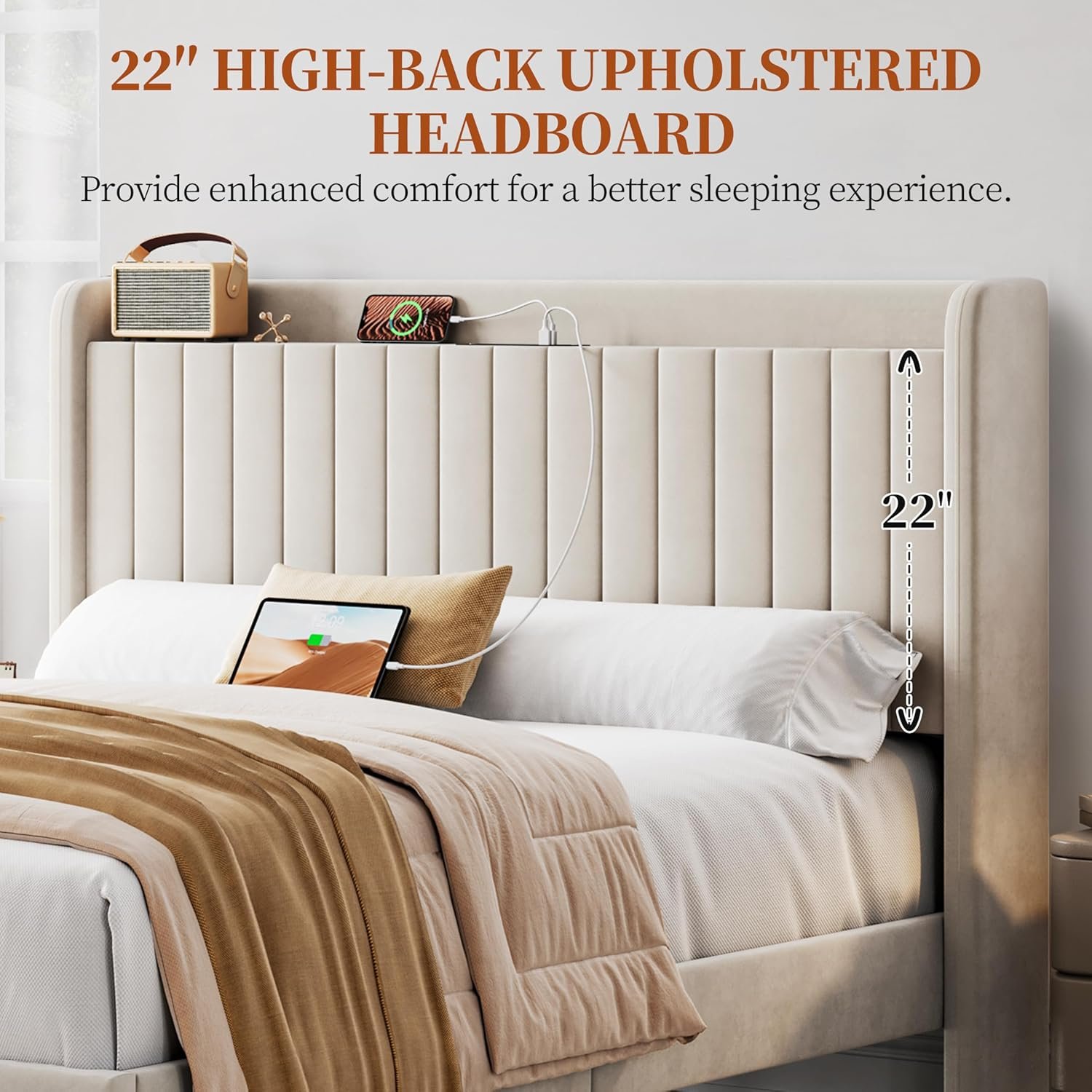 Yaheetech Queen Bed Frame with Headboard, Upholstered Headboard with Charing Station and Storage Shelf, Platform Bed Frame, No Box Spring Needed, Easy Assembly, Beige 7 Yaheetech Queen Bed Frame with Headboard, Upholstered Headboard with Charing Station and Storage Shelf, Platform Bed Frame, No Box Spring Needed, Easy Assembly, Beige - Image 7
