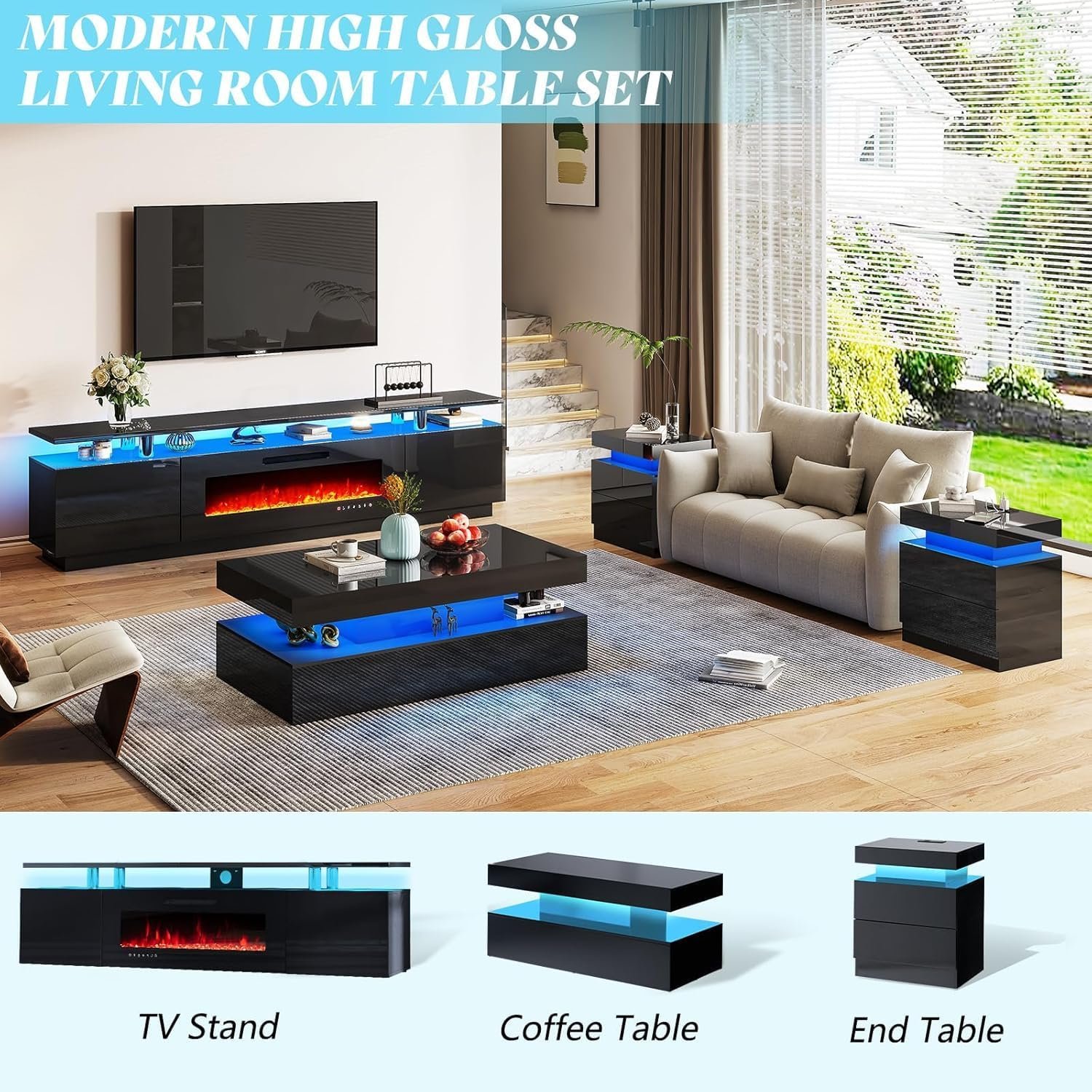 AMERLIFE Fireplace TV Stand with 36" Fireplace, 70" Modern High Gloss Fireplace Entertainment Center LED Lights, 2 Tier TV Console Cabinet for TVs Up to 80", Obsidian Black 8 AMERLIFE Fireplace TV Stand with 36" Fireplace, 70" Modern High Gloss Fireplace Entertainment Center LED Lights, 2 Tier TV Console Cabinet for TVs Up to 80", Obsidian Black - Image 8
