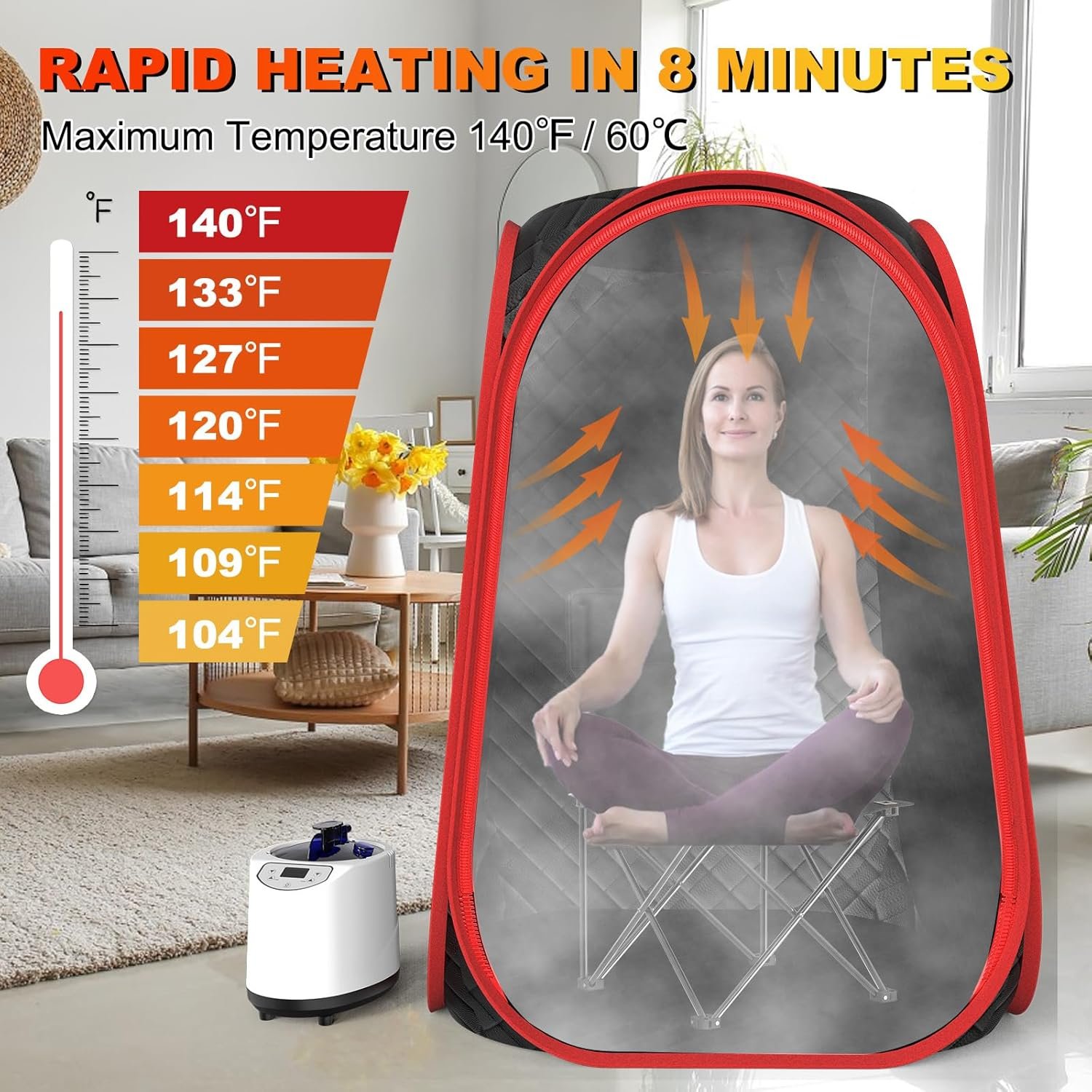 Portable Sauna Box - Portable Steam Sauna for Home with 2.6L 1200W Steamer, 99 Minute Timer, 9 Levels Temperature Settings, Remote Control and Folding Chair for Sauna Box, Red 4 Portable Sauna Box - Portable Steam Sauna for Home with 2.6L 1200W Steamer, 99 Minute Timer, 9 Levels Temperature Settings, Remote Control and Folding Chair for Sauna Box, Red - Image 4