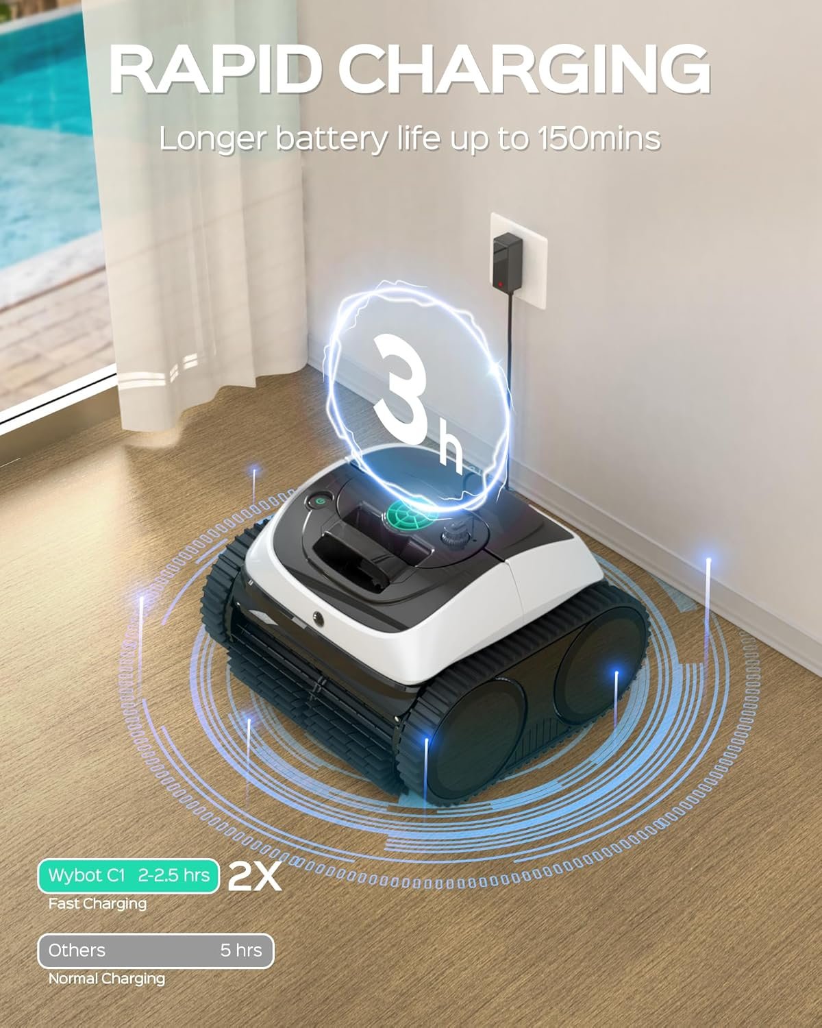 WYBOT C1 Cordless Robotic Pool Cleaners, Powerful Suction, Wall Climb Pool Robot with Intelligent Route Planning, Lasts 150Mins, Ideal for In-Ground Pools Up to 1,614 Sq.ft 6 WYBOT C1 Cordless Robotic Pool Cleaners, Powerful Suction, Wall Climb Pool Robot with Intelligent Route Planning, Lasts 150Mins, Ideal for In-Ground Pools Up to 1,614 Sq.ft - Image 6