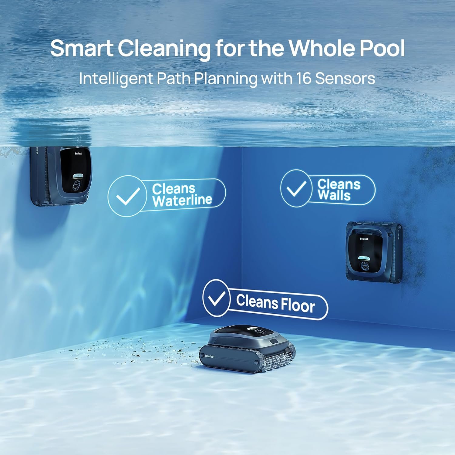 Beatbot AquaSense 2 Cordless Robotic Pool Vacuum Cleaner, Smart Surface Parking, Double-Pass Waterline Scrubbing, Cleans Floor, Walls, and Waterline, Above & In-Ground Pools up to 3,230 sq.ft - Blue 9 Beatbot AquaSense 2 Cordless Robotic Pool Vacuum Cleaner, Smart Surface Parking, Double-Pass Waterline Scrubbing, Cleans Floor, Walls, and Waterline, Above & In-Ground Pools up to 3,230 sq.ft - Blue - Image 9