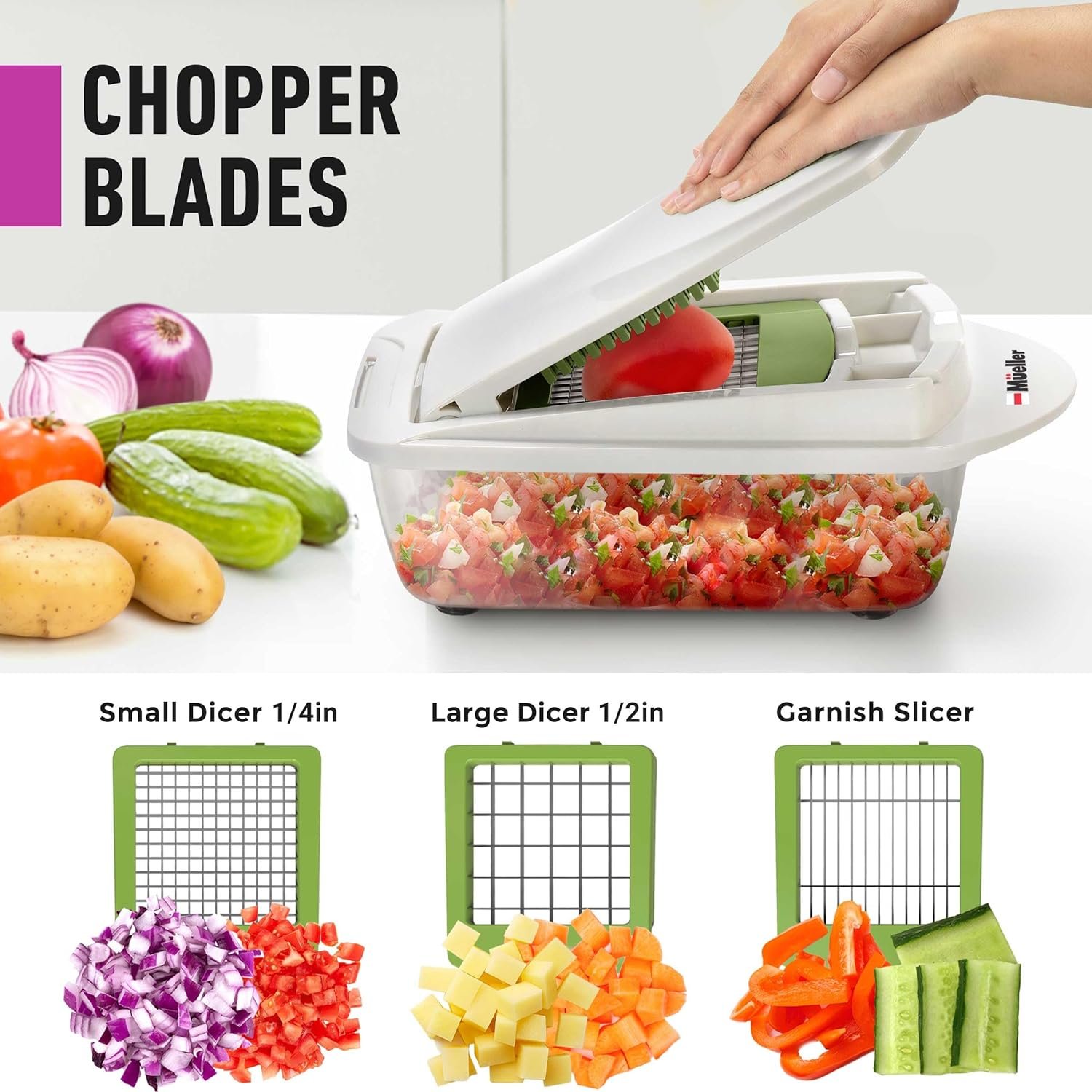 Mueller Pro-Series 10-in-1, 8 Blade Vegetable Chopper, Onion Mincer, Cutter, Dicer, Egg Slicer with Container, French Fry Cutter Potato Slicer, Home Essentials, Salad Chopper White Sand/Green 3 Mueller Pro-Series 10-in-1, 8 Blade Vegetable Chopper, Onion Mincer, Cutter, Dicer, Egg Slicer with Container, French Fry Cutter Potato Slicer, Home Essentials, Salad Chopper White Sand/Green - Image 3
