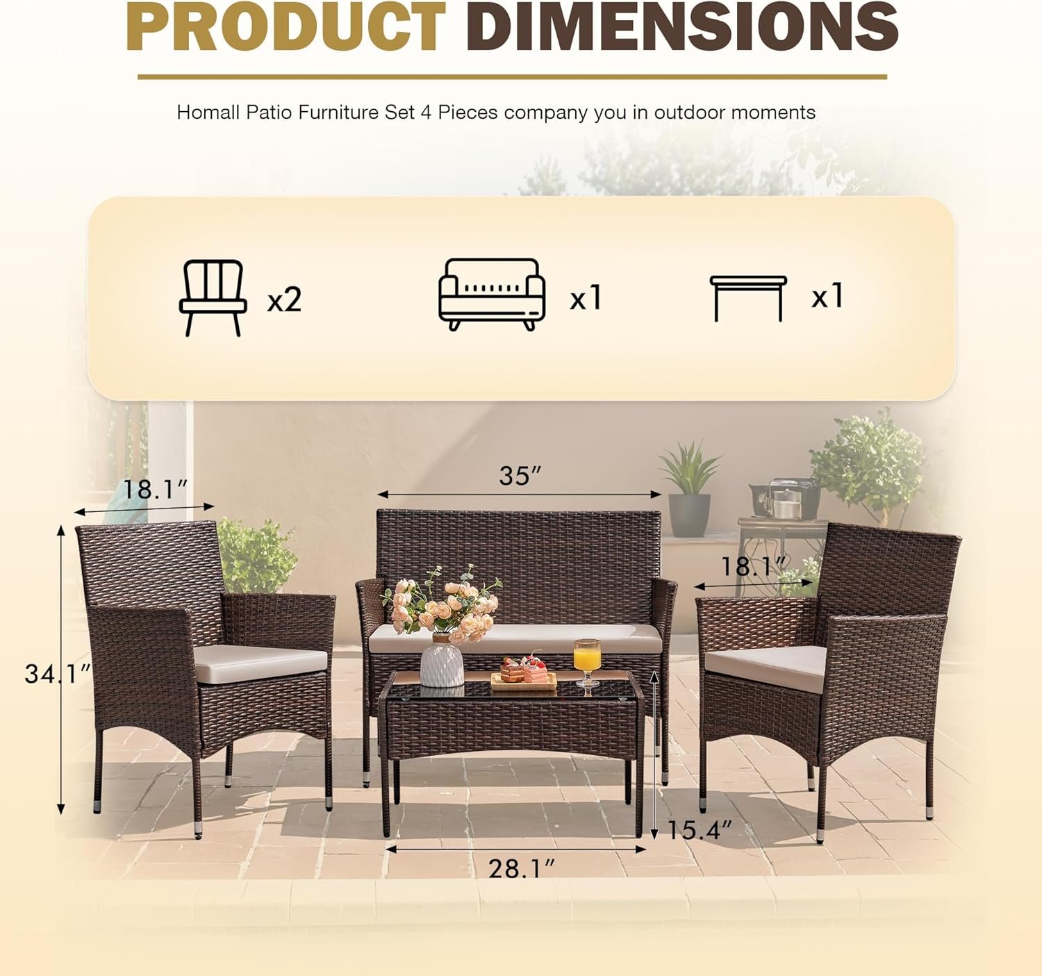 Homall 4 Pieces Outdoor Patio Furniture Sets Rattan Chair Wicker Set, Outdoor Indoor Use Backyard Porch Garden Poolside Balcony Furniture Sets Clearance (Brown and Beige) 6 Homall 4 Pieces Outdoor Patio Furniture Sets Rattan Chair Wicker Set, Outdoor Indoor Use Backyard Porch Garden Poolside Balcony Furniture Sets Clearance (Brown and Beige) - Image 6