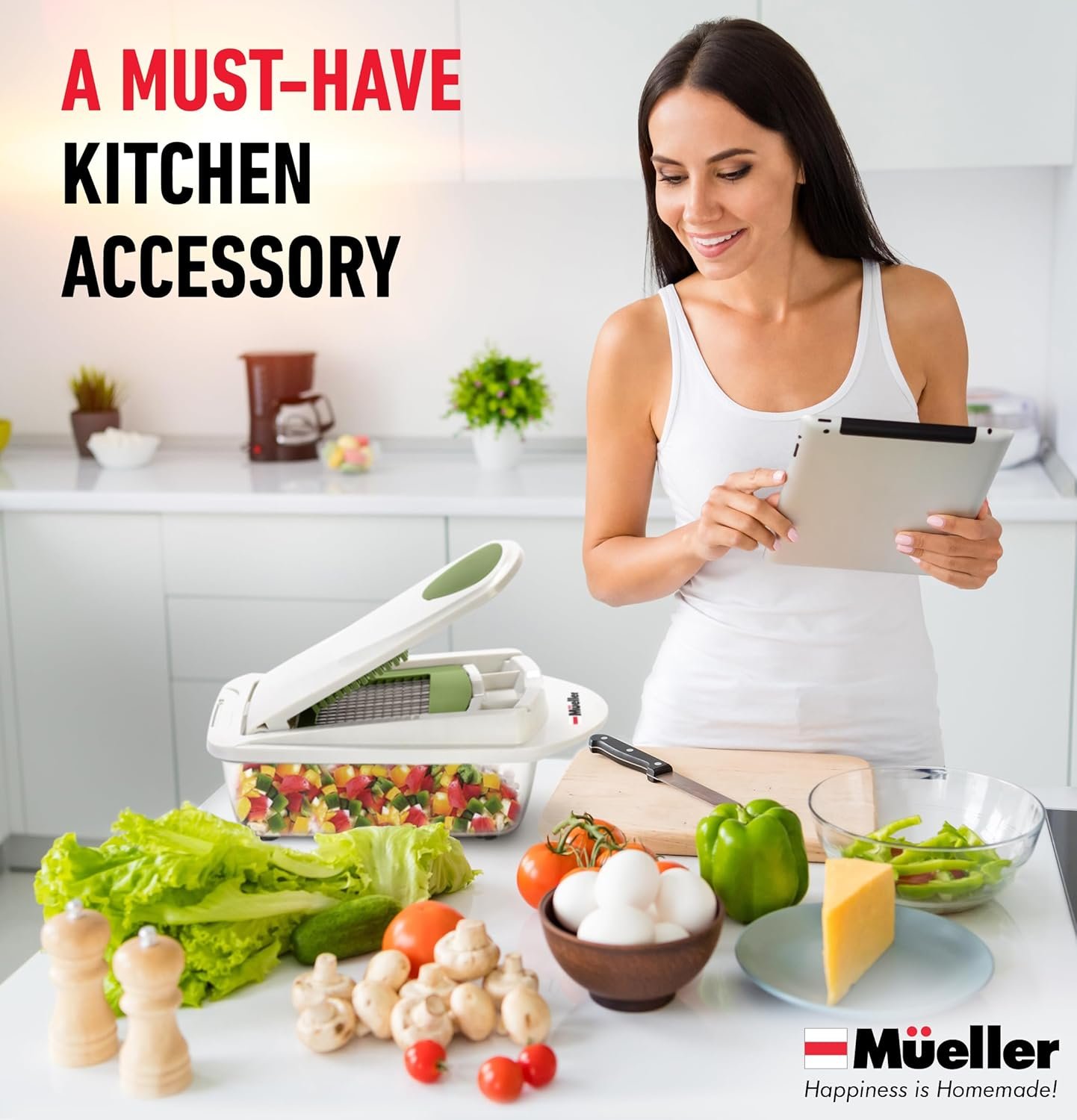Mueller Pro-Series 10-in-1, 8 Blade Vegetable Chopper, Onion Mincer, Cutter, Dicer, Egg Slicer with Container, French Fry Cutter Potato Slicer, Home Essentials, Salad Chopper White Sand/Green 7 Mueller Pro-Series 10-in-1, 8 Blade Vegetable Chopper, Onion Mincer, Cutter, Dicer, Egg Slicer with Container, French Fry Cutter Potato Slicer, Home Essentials, Salad Chopper White Sand/Green - Image 7