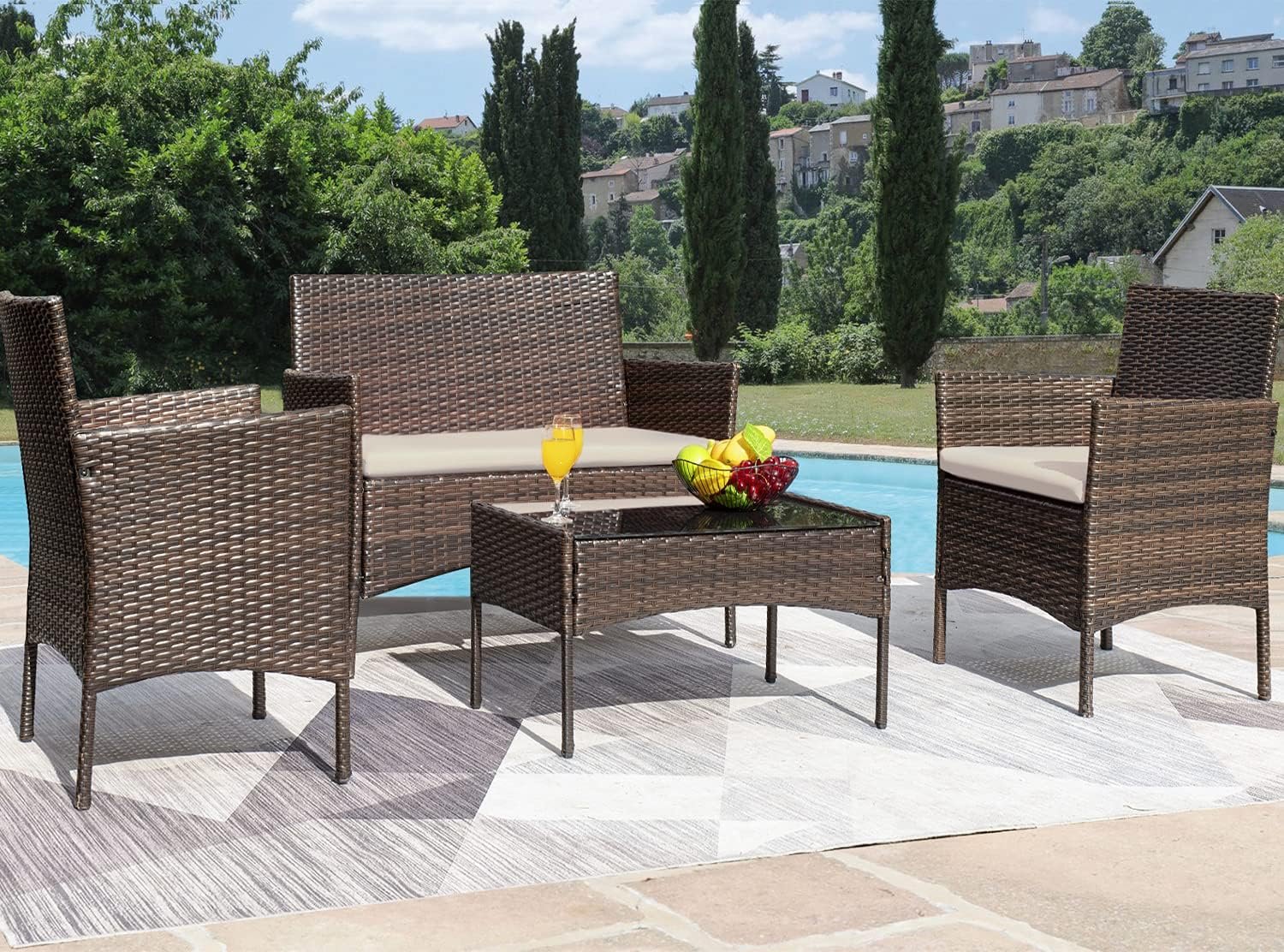 Greesum Patio Furniture 4 Pieces Conversation Sets Outdoor Wicker Rattan Chairs Garden Backyard Balcony Porch Poolside loveseat with Soft Cushion and Glass Table, Brown and Beige 2 Greesum Patio Furniture 4 Pieces Conversation Sets Outdoor Wicker Rattan Chairs Garden Backyard Balcony Porch Poolside loveseat with Soft Cushion and Glass Table, Brown and Beige - Image 2
