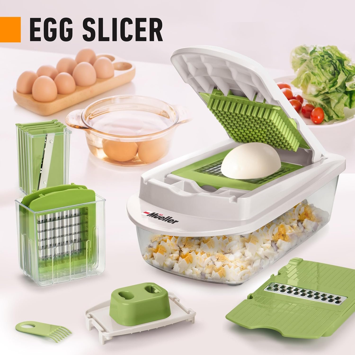 Mueller Pro-Series 10-in-1, 8 Blade Vegetable Chopper, Onion Mincer, Cutter, Dicer, Egg Slicer with Container, French Fry Cutter Potato Slicer, Home Essentials, Salad Chopper White Sand/Green 6 Mueller Pro-Series 10-in-1, 8 Blade Vegetable Chopper, Onion Mincer, Cutter, Dicer, Egg Slicer with Container, French Fry Cutter Potato Slicer, Home Essentials, Salad Chopper White Sand/Green - Image 6