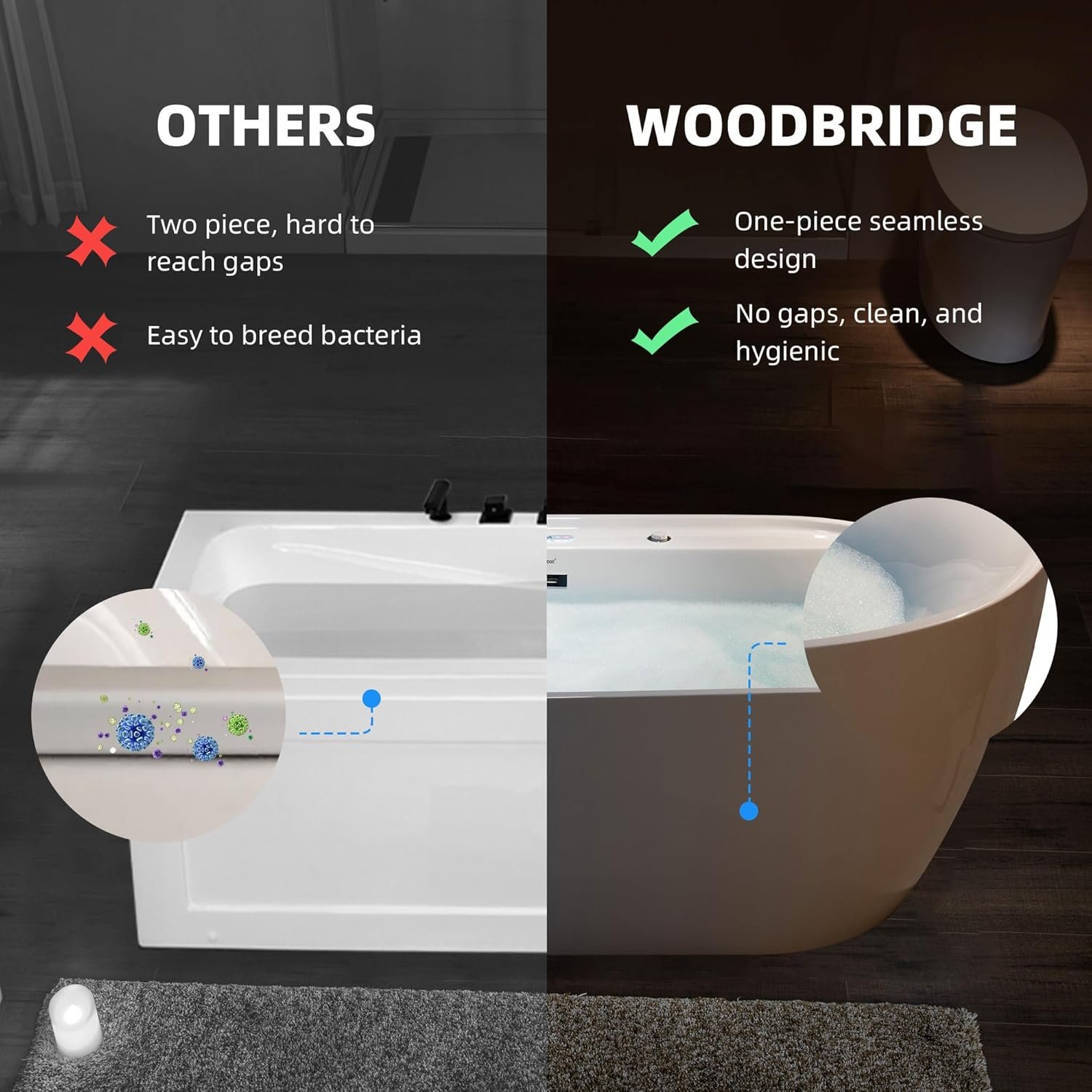 WOODBRIDGE 72" x 35-3/8" Whirlpool and Air Bath Heated Soaking Combination Tub with Adjustable Speed Air Blower and Display Control Panel, White,BJ-500 14 WOODBRIDGE 72" x 35-3/8" Whirlpool and Air Bath Heated Soaking Combination Tub with Adjustable Speed Air Blower and Display Control Panel, White,BJ-500 - Image 14