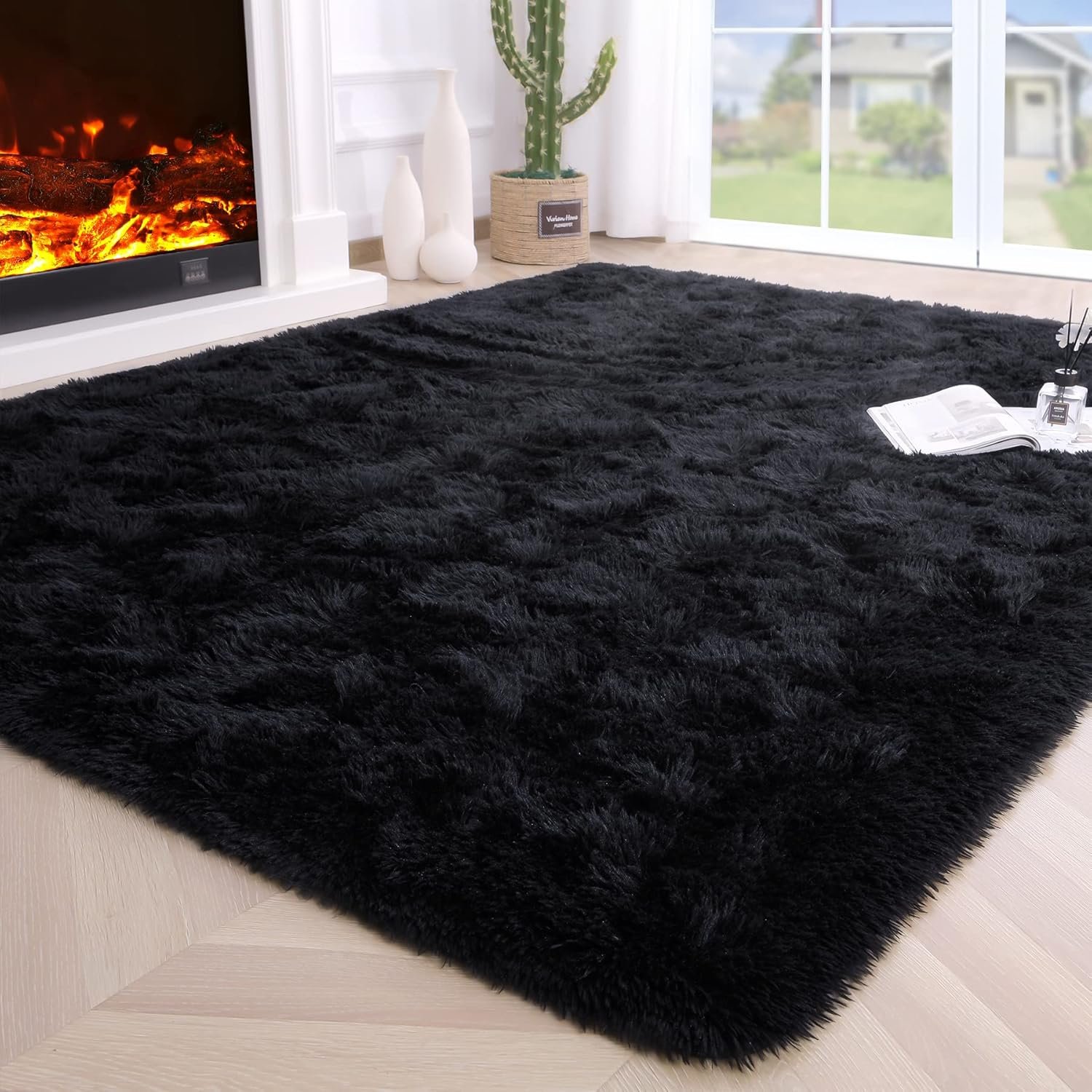 Noahas Fluffy Area Rugs for Living Room,4x5.3 Feet Black Rugs for Bedroom,Thick Shag Throw Floor Carpet,Soft Shaggy Bedside Non-Slip Plush Dorm Nursery Kids Rug Home Decor Aesthetic
