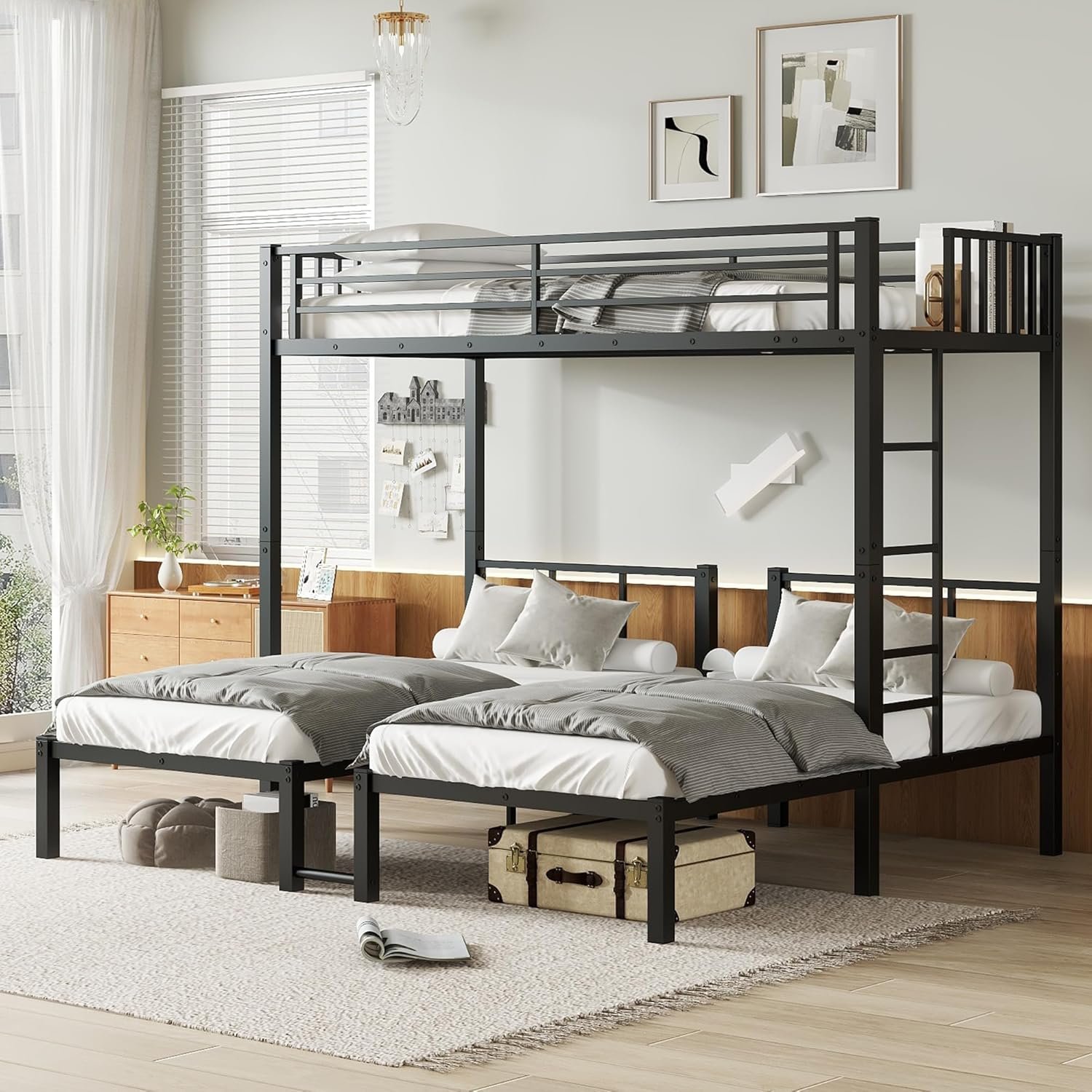 Bellemave Twin Over Twin Over Twin Bunk Bed for 3 Kids, Heavy Duty Triple Bunk Bed with Guardrails and Ladder, Twin Over Twin Over Twin Triple Bunk for Kids, Teens, Black