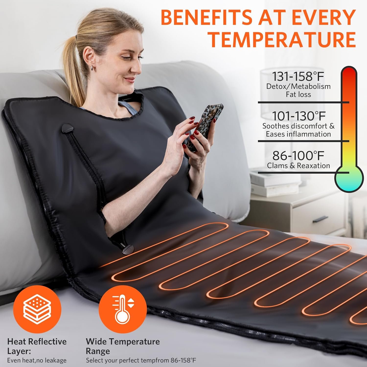 Portable Infrared Sauna Blanket, Detox & Relaxation at Home, Adjustable Timer 1-60 Min, Temperature Range 86-158℉, 6 ft x 2.6 ft, Oxford Fabric 3 Portable Infrared Sauna Blanket, Detox & Relaxation at Home, Adjustable Timer 1-60 Min, Temperature Range 86-158℉, 6 ft x 2.6 ft, Oxford Fabric - Image 3