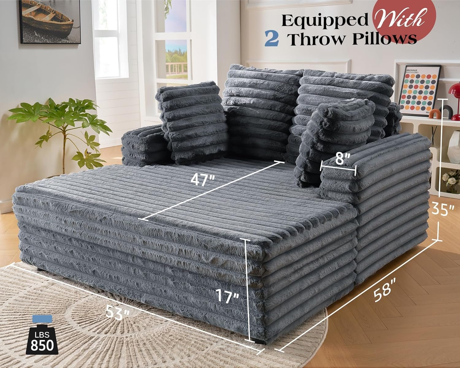 VanAcc 53 Inch Upholstered Chaise Lounge, Plush Sleeper Chair with Throw Pillows and Armrests, Sofa Bed Indoor for Living Room, Grey 2 VanAcc 53 Inch Upholstered Chaise Lounge, Plush Sleeper Chair with Throw Pillows and Armrests, Sofa Bed Indoor for Living Room, Grey - Image 2