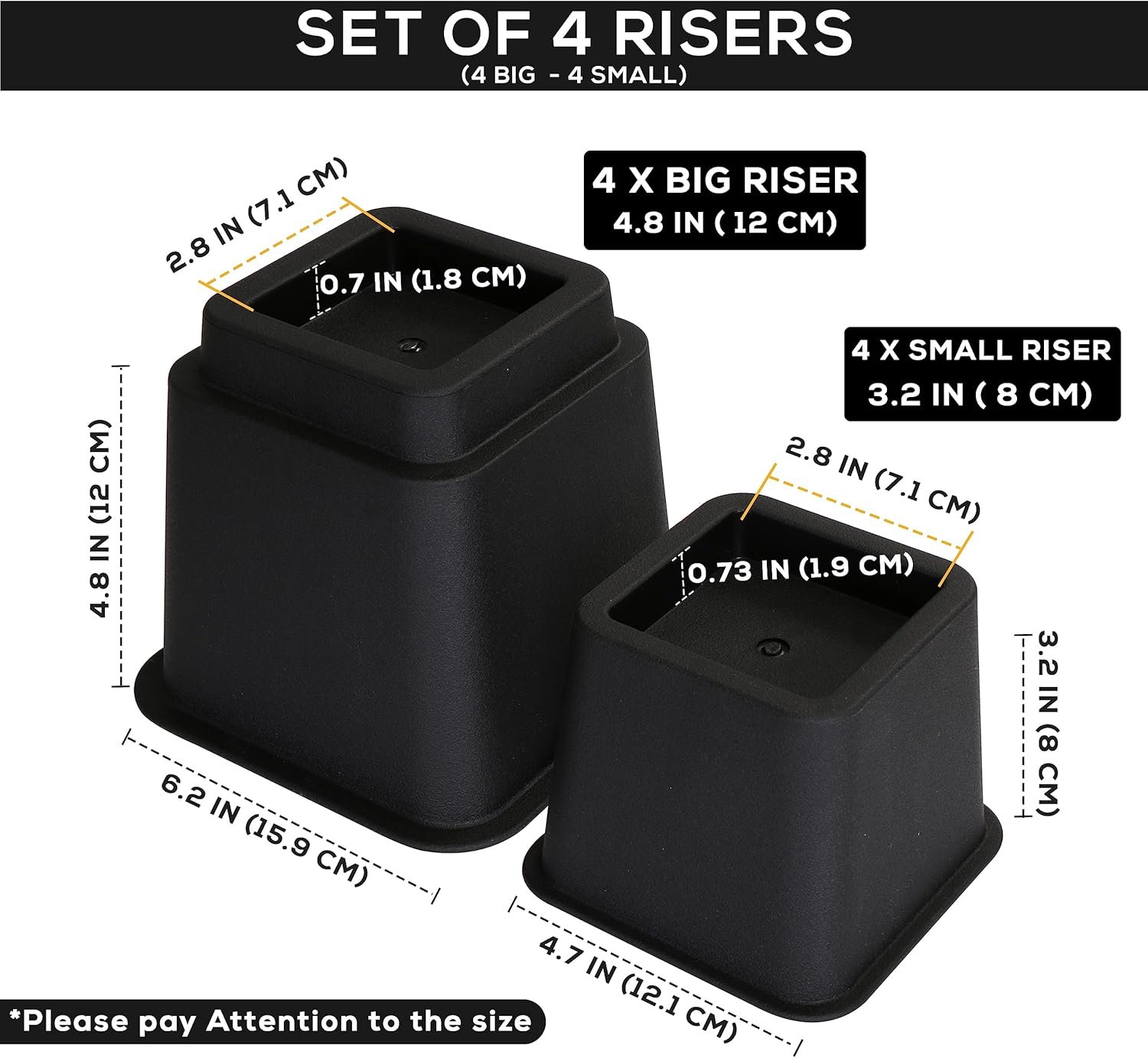 Utopia Bedding Adjustable Bed Furniture Risers - Elevation in Heights 3, 5 or 8 Inch Heavy Duty Risers for Beds and Under Bed Storage - Supports up to 1,300 lbs - (Set of 4 Riser, Black) 7 Utopia Bedding Adjustable Bed Furniture Risers - Elevation in Heights 3, 5 or 8 Inch Heavy Duty Risers for Beds and Under Bed Storage - Supports up to 1,300 lbs - (Set of 4 Riser, Black) - Image 7
