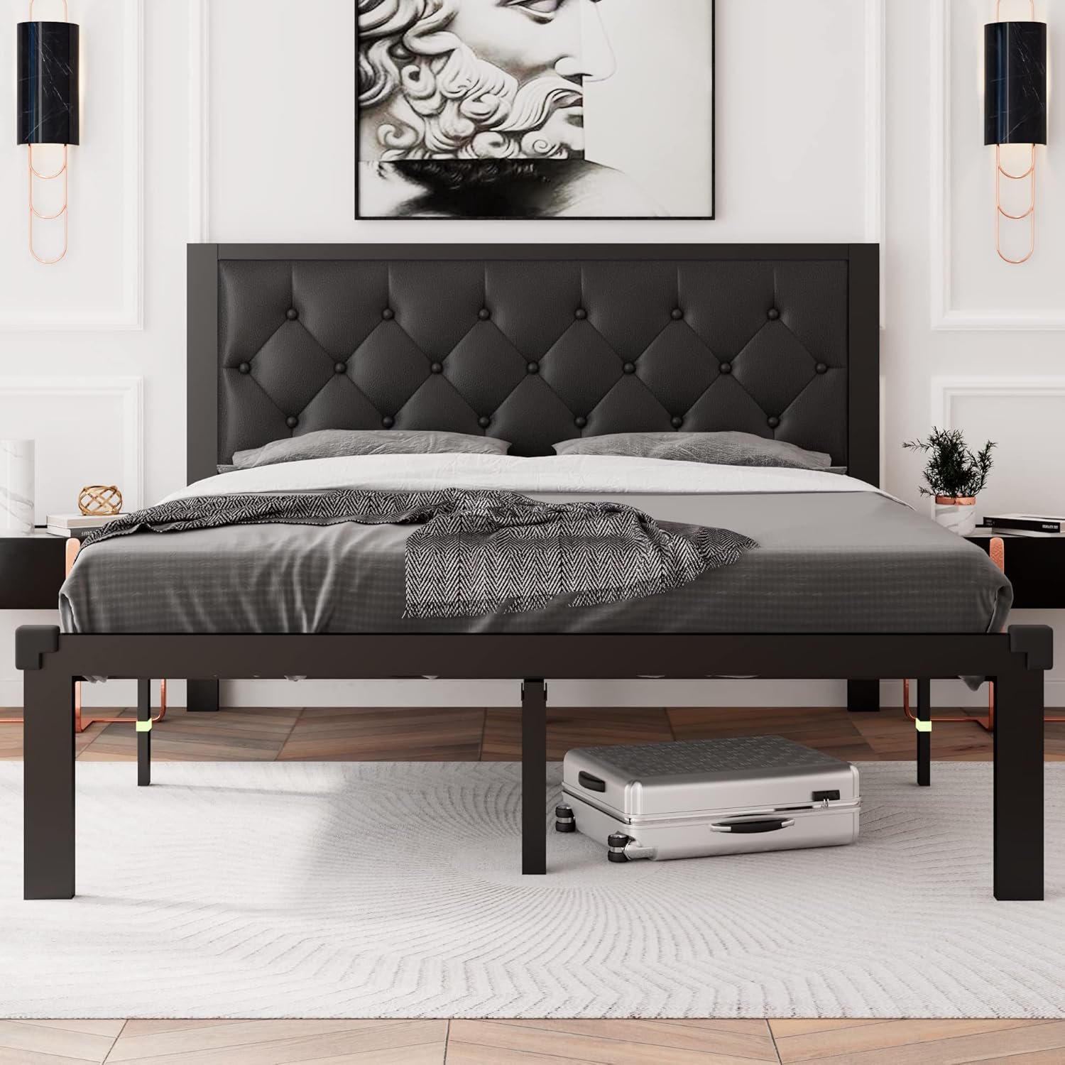 Feonase Queen Size Metal Bed Frame with Faux Leather Button Tufted Headboard, Heavy-Duty Platform Bed Frame with 12" Storage, Steel Slats Support, No Box Spring Needed, Noise Free, Black