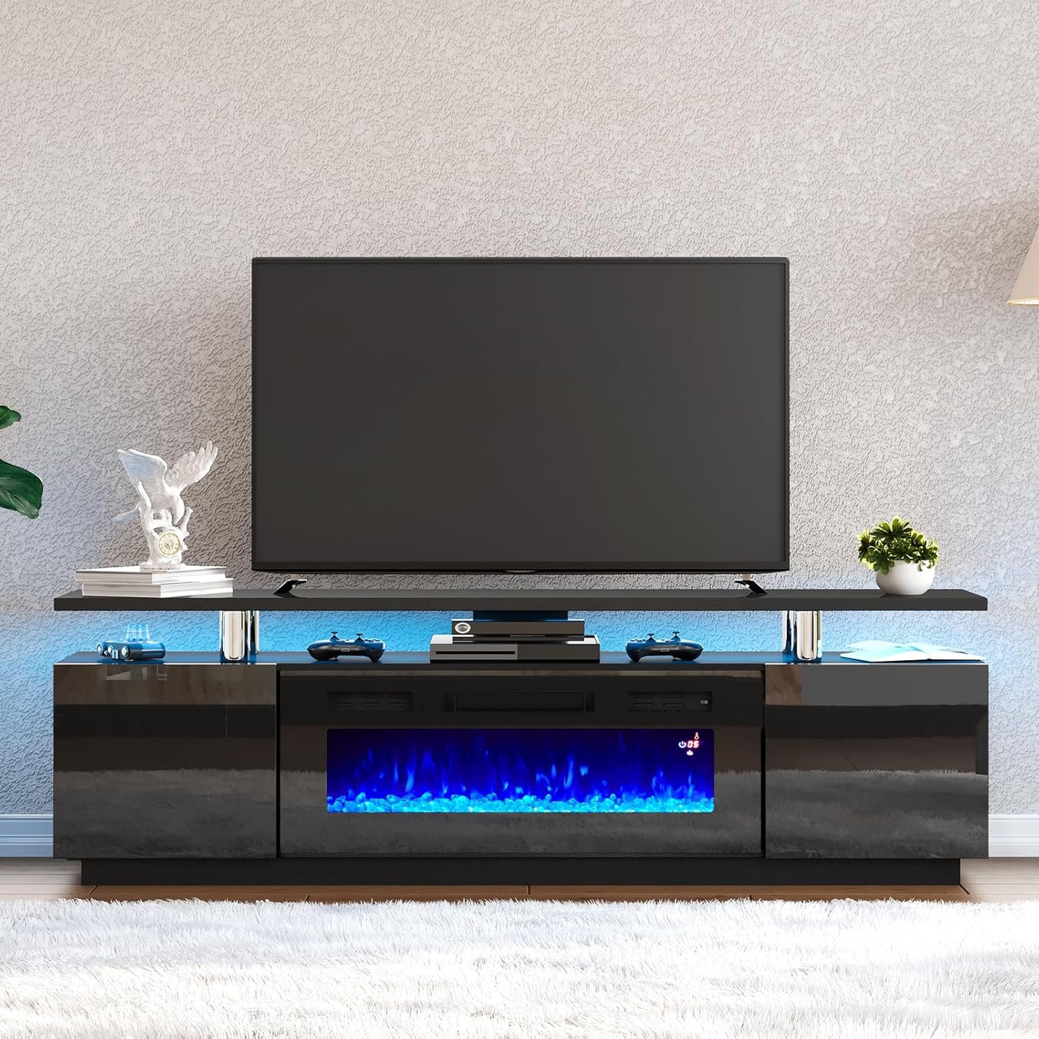 AMERLIFE Fireplace TV Stand with 36" Fireplace, 70" Modern High Gloss Fireplace Entertainment Center LED Lights, 2 Tier TV Console Cabinet for TVs Up to 80", Obsidian Black