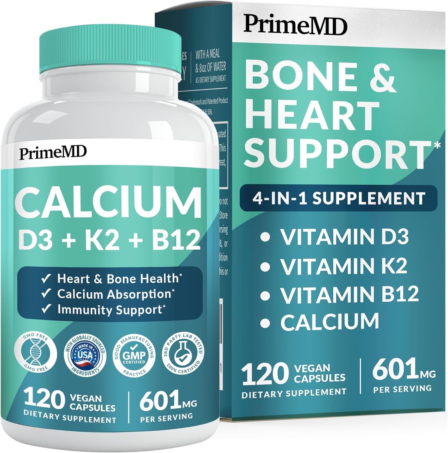 4-in-1 Calcium Supplements for Women and Men - Calcium 600mg with Vitamin D3 K2 5000 IU Supplement for Heart, Bone and Body Defenses - Gluten-Free, Vegan-Friendly (120 ct)
