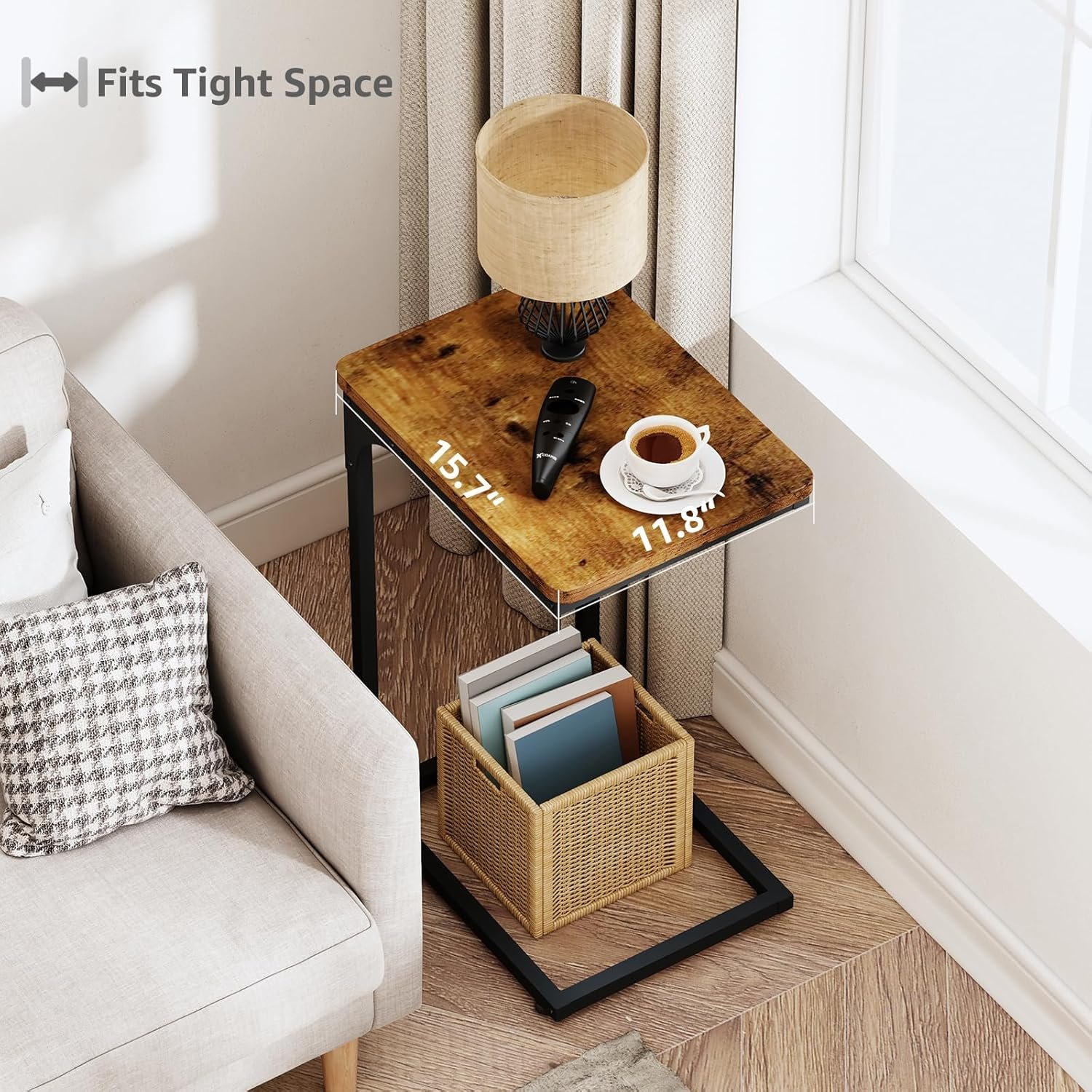 QEEIG C Table Side Table Set of 2 Living Room Sets C Shaped Couch Tray End Tables Farmhouse, Rustic Brown (017-30BN) 2 QEEIG C Table Side Table Set of 2 Living Room Sets C Shaped Couch Tray End Tables Farmhouse, Rustic Brown (017-30BN) - Image 2