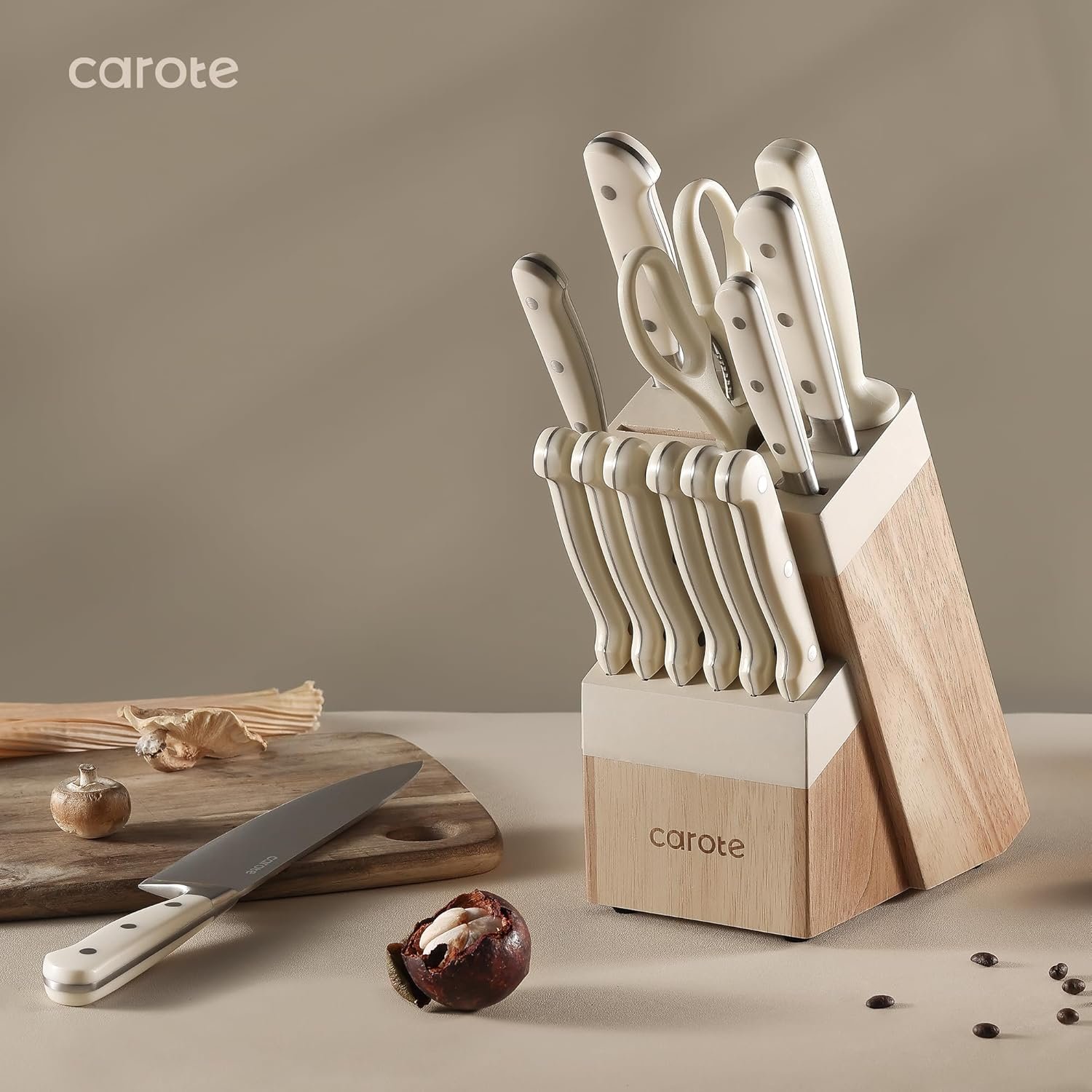 CAROTE 14 Pieces Knife Set with Block, Forged, High Carbon Stainless Steel Sharp Blade Block Knife Set, Dishwasher Safe Cutlery, Cream 9 CAROTE 14 Pieces Knife Set with Block, Forged, High Carbon Stainless Steel Sharp Blade Block Knife Set, Dishwasher Safe Cutlery, Cream - Image 9