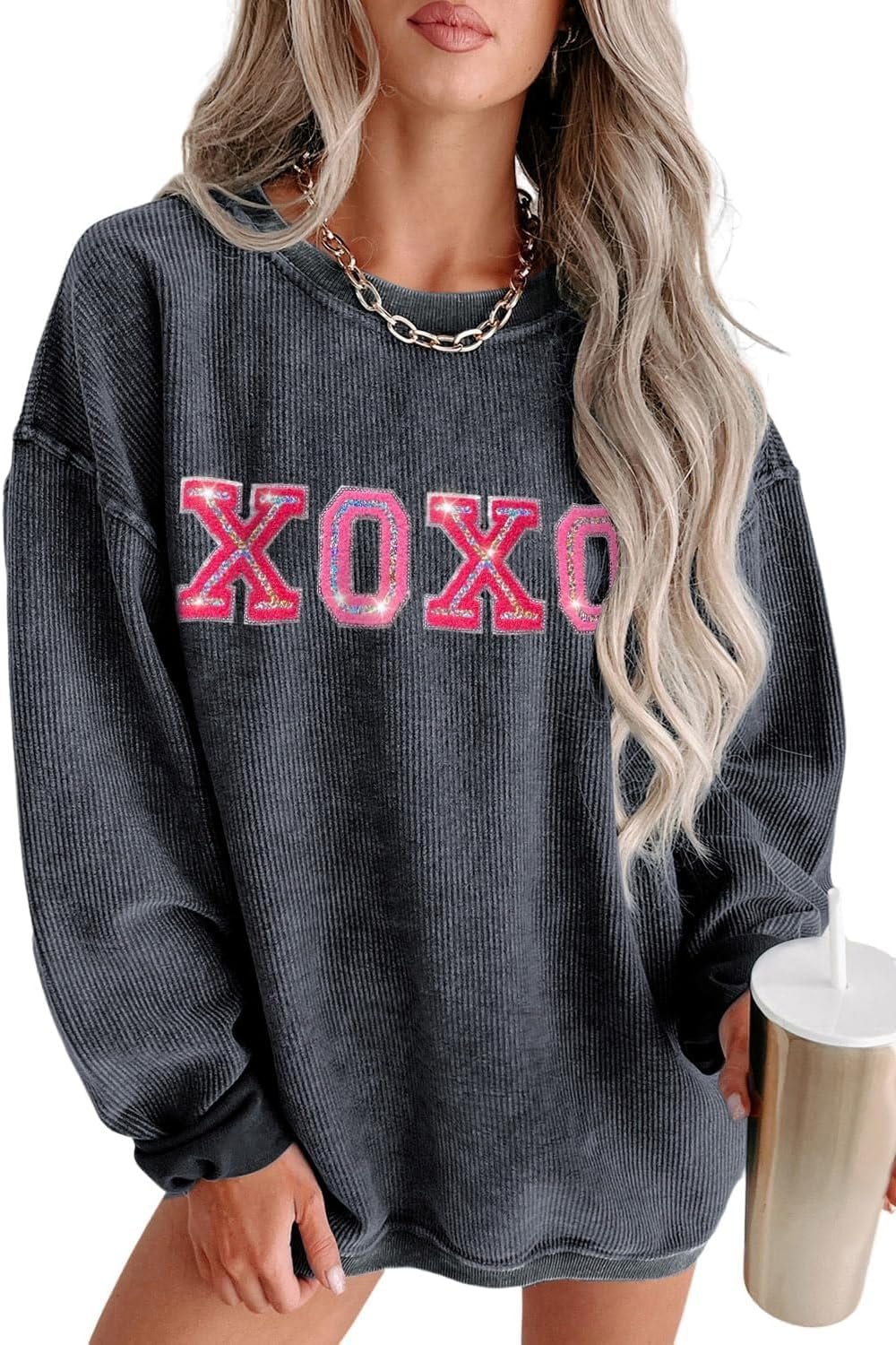 Women Sparkly Sequin Festival Sweatshirt Casual Crewneck Oversized Corduroy Sweater Long Sleeve Shirt Pullover Tops