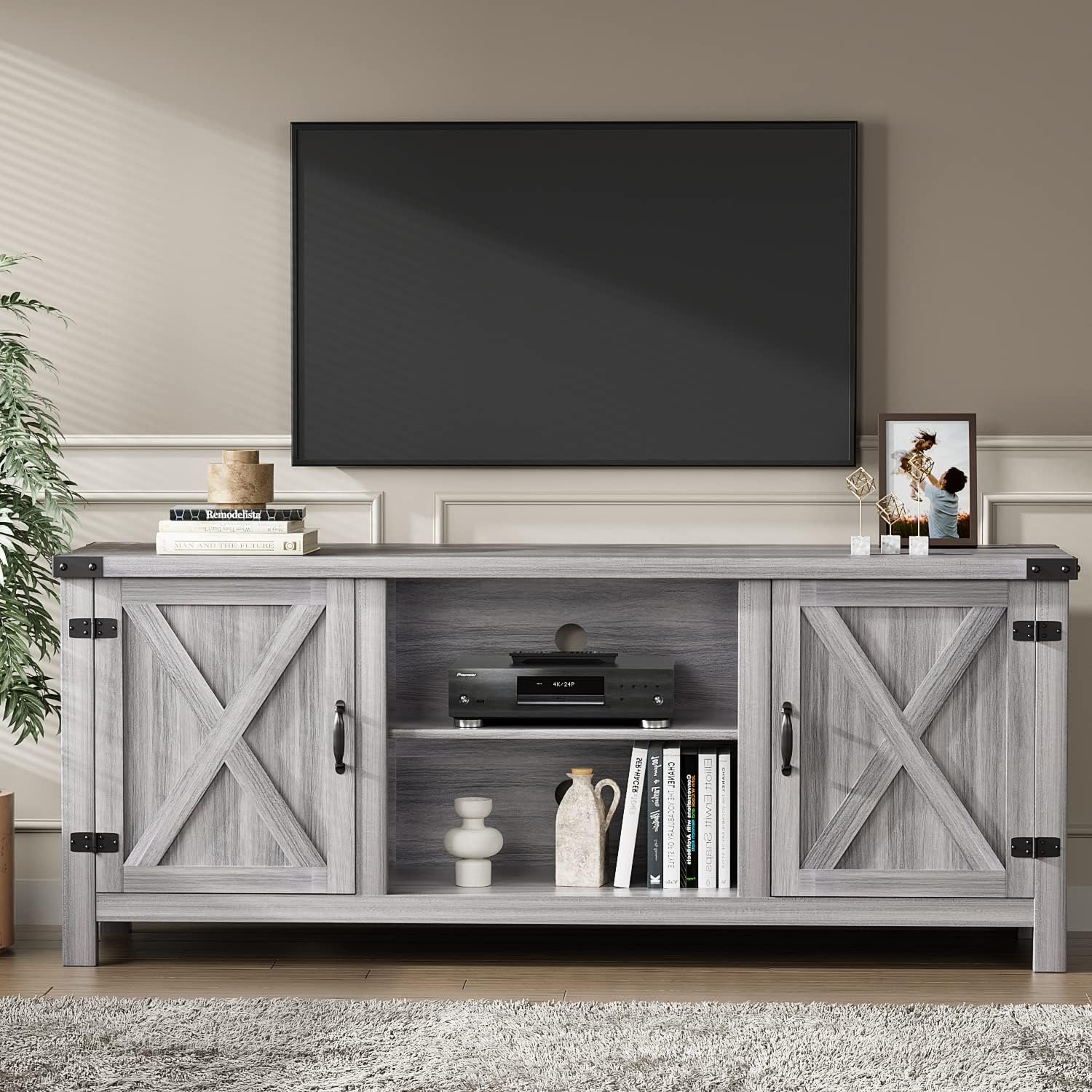 YESHOMY Modern Farmhouse TV Stand with Two Barn Doors and Storage Cabinets for Televisions up to 65+ Inch, Entertainment Center Console Table, Media Furniture for Living Room, 58 Inch, Gray Wash 2 YESHOMY Modern Farmhouse TV Stand with Two Barn Doors and Storage Cabinets for Televisions up to 65+ Inch, Entertainment Center Console Table, Media Furniture for Living Room, 58 Inch, Gray Wash - Image 2
