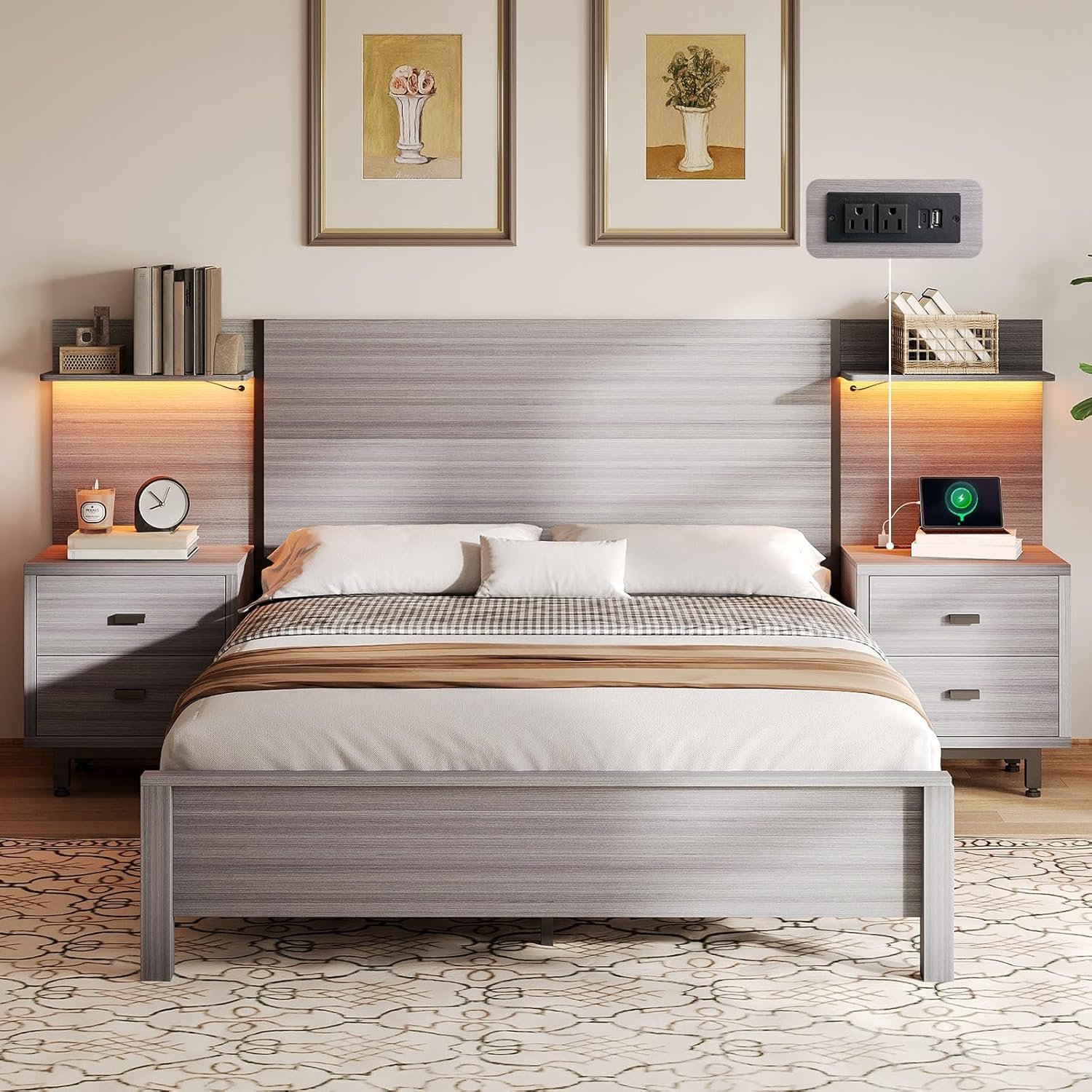 Queen Bed Frame with 2 Nightstands & LED Lights Headboard,104" Extended Wood Panel Platform Bed/w Charging Station & 2 Storage Racks, Bedroom Set 3 Piece, No Box Spring Needed, Grey