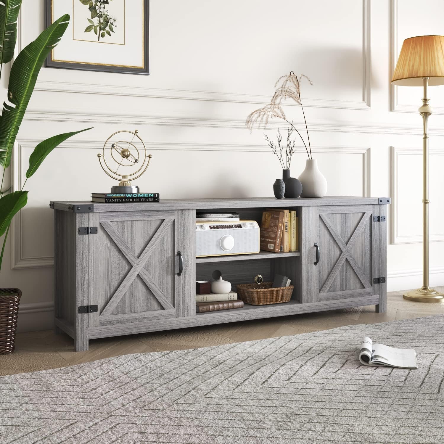 YESHOMY Modern Farmhouse TV Stand with Two Barn Doors and Storage Cabinets for Televisions up to 65+ Inch, Entertainment Center Console Table, Media Furniture for Living Room, 58 Inch, Gray Wash 4 YESHOMY Modern Farmhouse TV Stand with Two Barn Doors and Storage Cabinets for Televisions up to 65+ Inch, Entertainment Center Console Table, Media Furniture for Living Room, 58 Inch, Gray Wash - Image 4