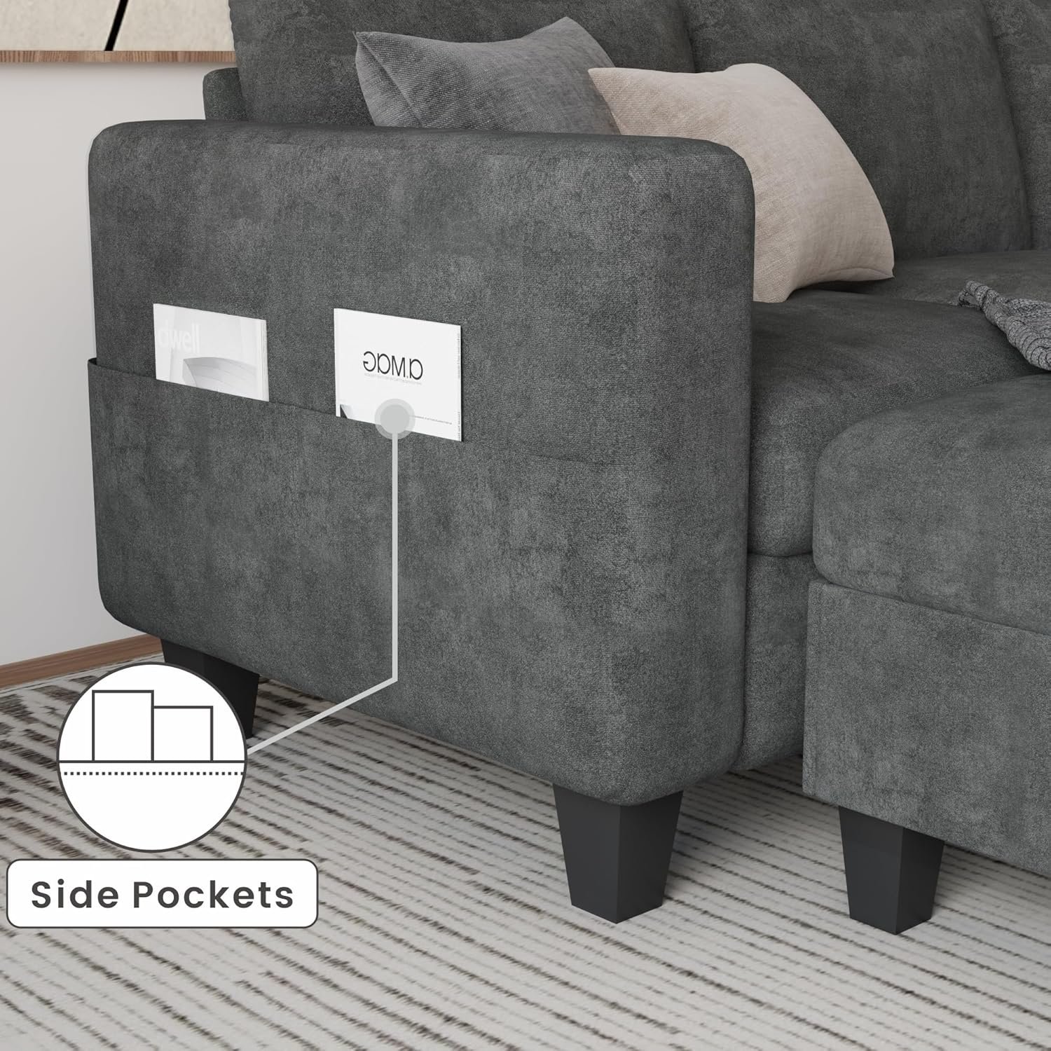 Couch for Living Room - Small Space Couches Sectional L-Shaped Sofa, 3 Seat Modern Couch, Sofas Convertible with Storage Ottoman for Small Space, Bedroom, Offices and Apartments - Grey 6 Couch for Living Room - Small Space Couches Sectional L-Shaped Sofa, 3 Seat Modern Couch, Sofas Convertible with Storage Ottoman for Small Space, Bedroom, Offices and Apartments - Grey - Image 6