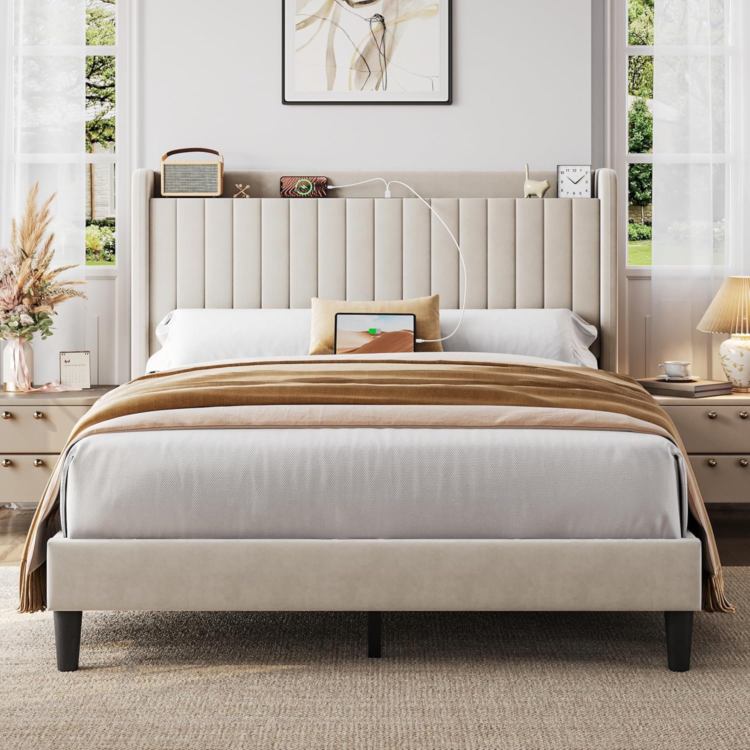 Yaheetech Queen Bed Frame with Headboard, Upholstered Headboard with Charing Station and Storage Shelf, Platform Bed Frame, No Box Spring Needed, Easy Assembly, Beige