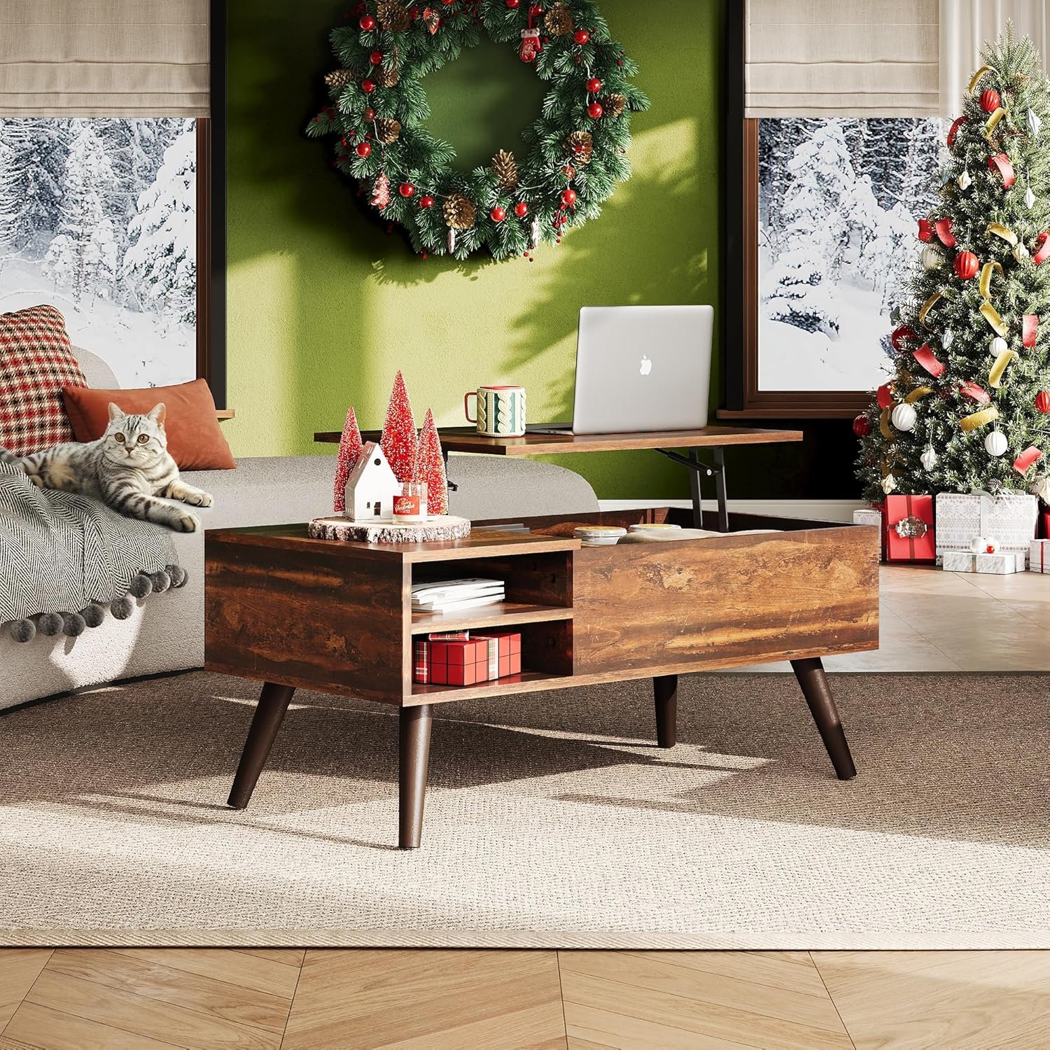 WLIVE Wood Lift Top Coffee Table with Hidden Compartment and Adjustable Storage Shelf, Lift Tabletop Dining Table for Home Living Room, Office, Rustic Oak 2 WLIVE Wood Lift Top Coffee Table with Hidden Compartment and Adjustable Storage Shelf, Lift Tabletop Dining Table for Home Living Room, Office, Rustic Oak - Image 2