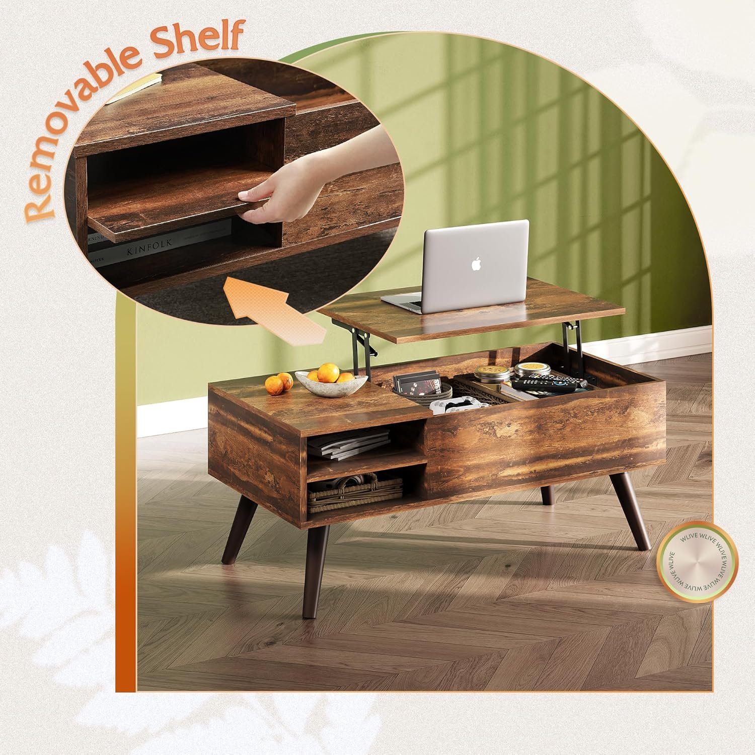 WLIVE Wood Lift Top Coffee Table with Hidden Compartment and Adjustable Storage Shelf, Lift Tabletop Dining Table for Home Living Room, Office, Rustic Oak 6 WLIVE Wood Lift Top Coffee Table with Hidden Compartment and Adjustable Storage Shelf, Lift Tabletop Dining Table for Home Living Room, Office, Rustic Oak - Image 6