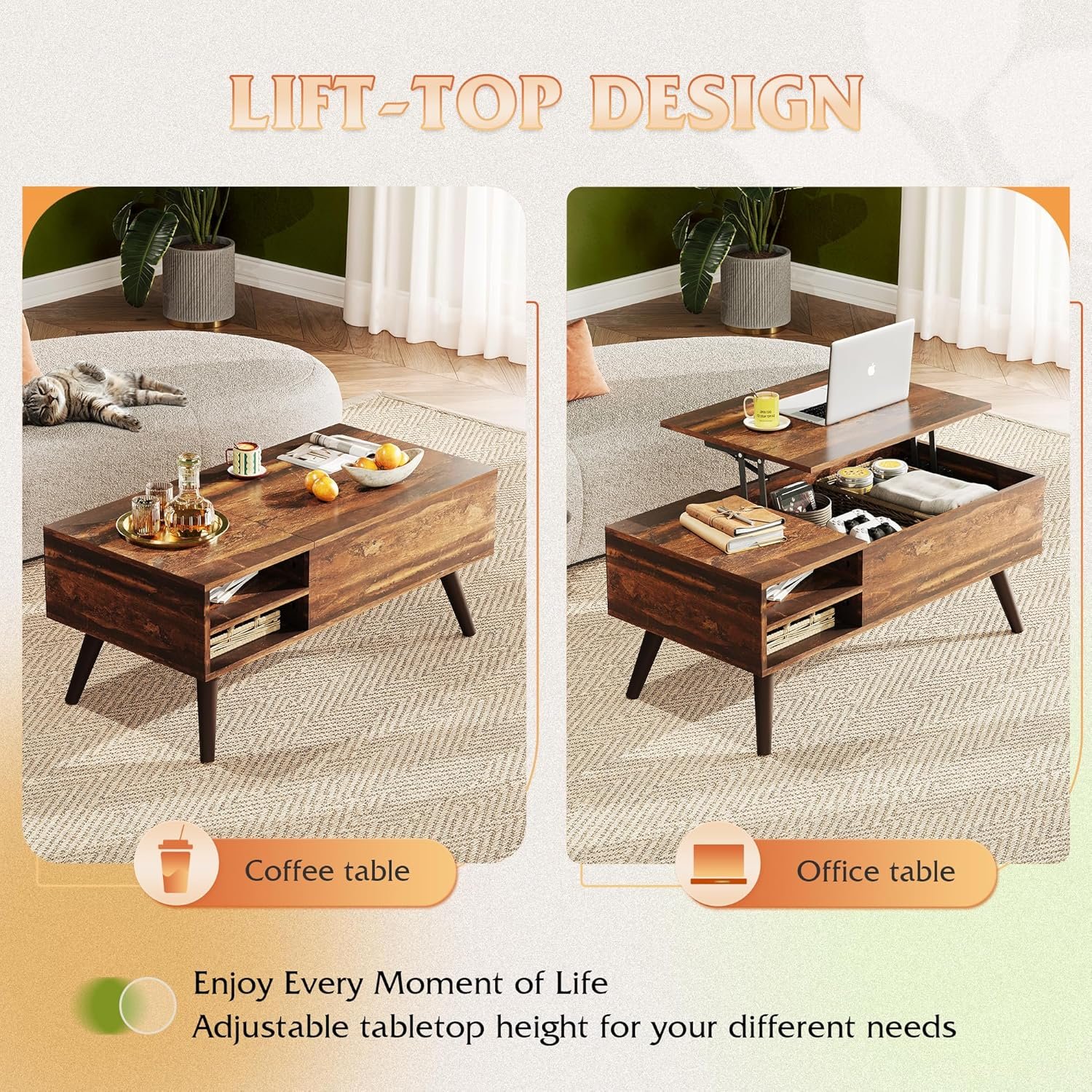 WLIVE Wood Lift Top Coffee Table with Hidden Compartment and Adjustable Storage Shelf, Lift Tabletop Dining Table for Home Living Room, Office, Rustic Oak 7 WLIVE Wood Lift Top Coffee Table with Hidden Compartment and Adjustable Storage Shelf, Lift Tabletop Dining Table for Home Living Room, Office, Rustic Oak - Image 7