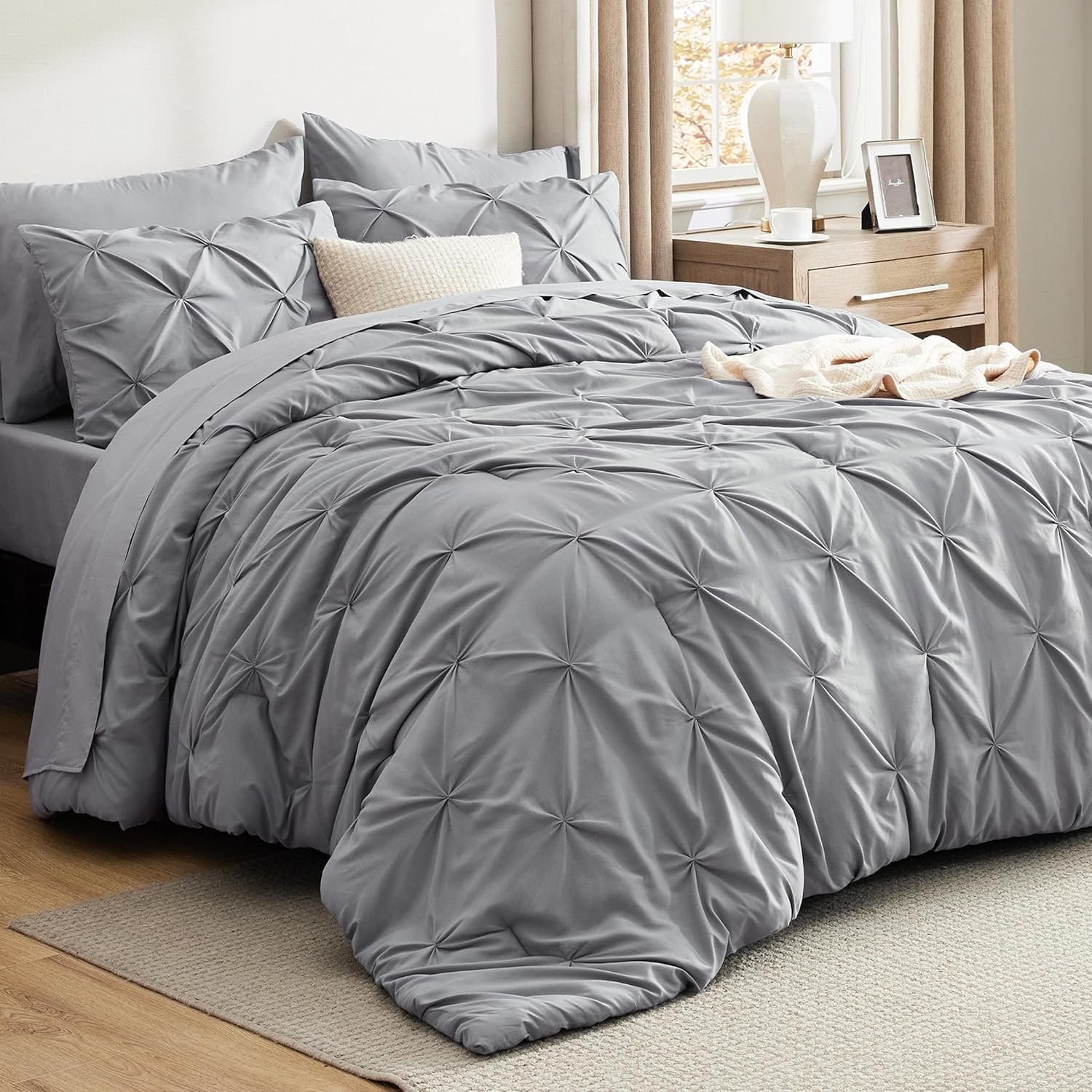 Bedsure Queen Comforter Set Grey - Bed in a Bag Queen Size 7 Pieces, GentleSoft™ Pintuck Bed Set Gift for Family, Pinch Pleat Grey Comforter with Sheets, Pillowcases & Shams