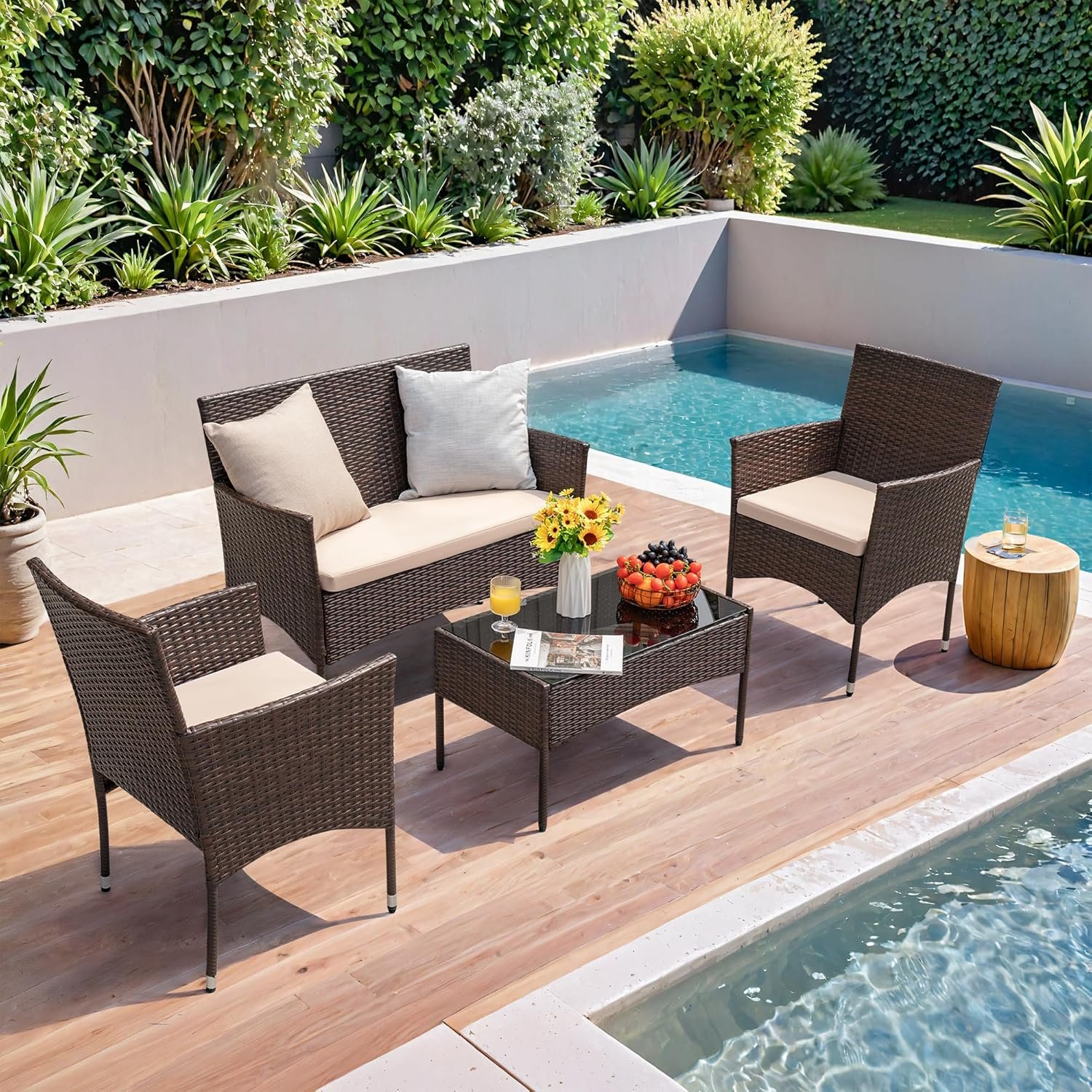 Homall 4 Pieces Outdoor Patio Furniture Sets Rattan Chair Wicker Set, Outdoor Indoor Use Backyard Porch Garden Poolside Balcony Furniture Sets Clearance (Brown and Beige) 5 Homall 4 Pieces Outdoor Patio Furniture Sets Rattan Chair Wicker Set, Outdoor Indoor Use Backyard Porch Garden Poolside Balcony Furniture Sets Clearance (Brown and Beige) - Image 5