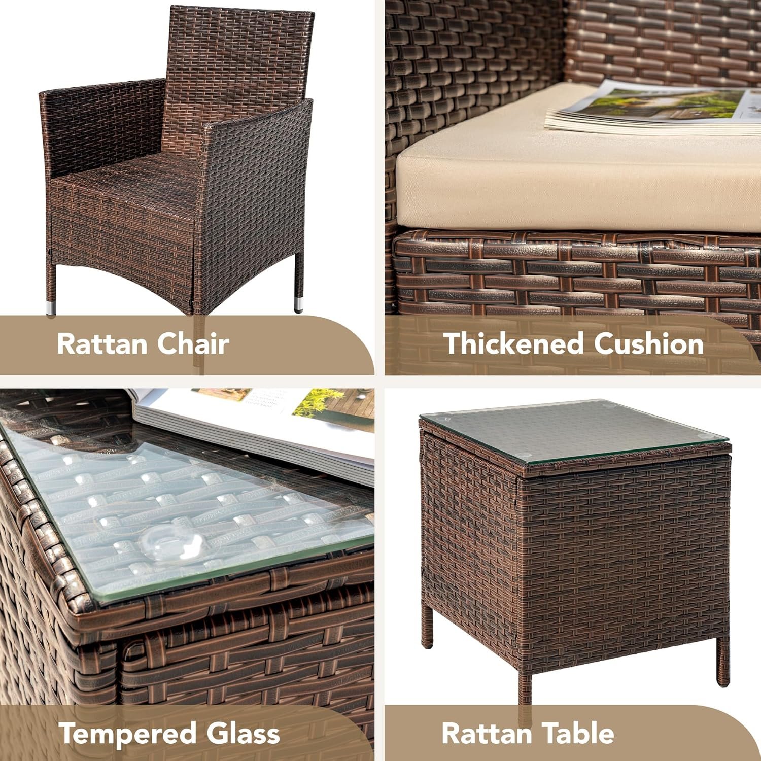 Devoko Patio Porch Furniture Sets 3 Pieces PE Rattan Wicker Chairs with Table Outdoor Garden Furniture Sets (Brown/Beige) 7 Devoko Patio Porch Furniture Sets 3 Pieces PE Rattan Wicker Chairs with Table Outdoor Garden Furniture Sets (Brown/Beige) - Image 7