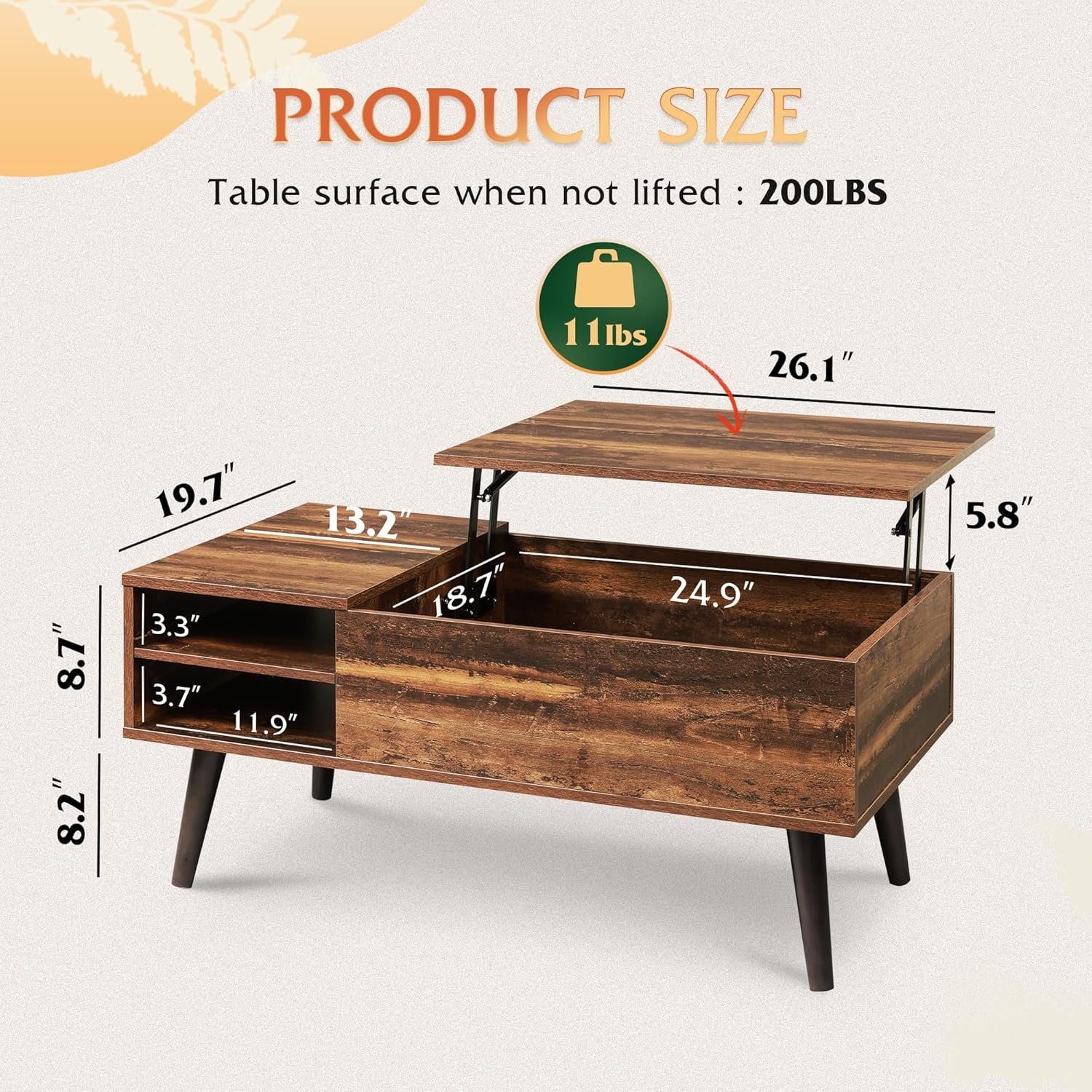 WLIVE Wood Lift Top Coffee Table with Hidden Compartment and Adjustable Storage Shelf, Lift Tabletop Dining Table for Home Living Room, Office, Rustic Oak 3 WLIVE Wood Lift Top Coffee Table with Hidden Compartment and Adjustable Storage Shelf, Lift Tabletop Dining Table for Home Living Room, Office, Rustic Oak - Image 3